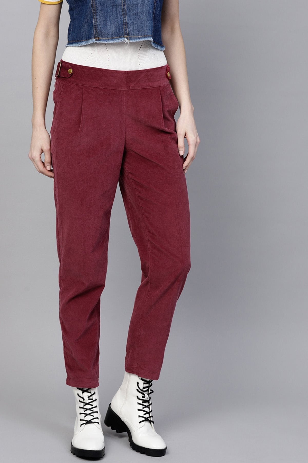 Women's Maroon Corduroy Slim Pants - SASSAFRAS