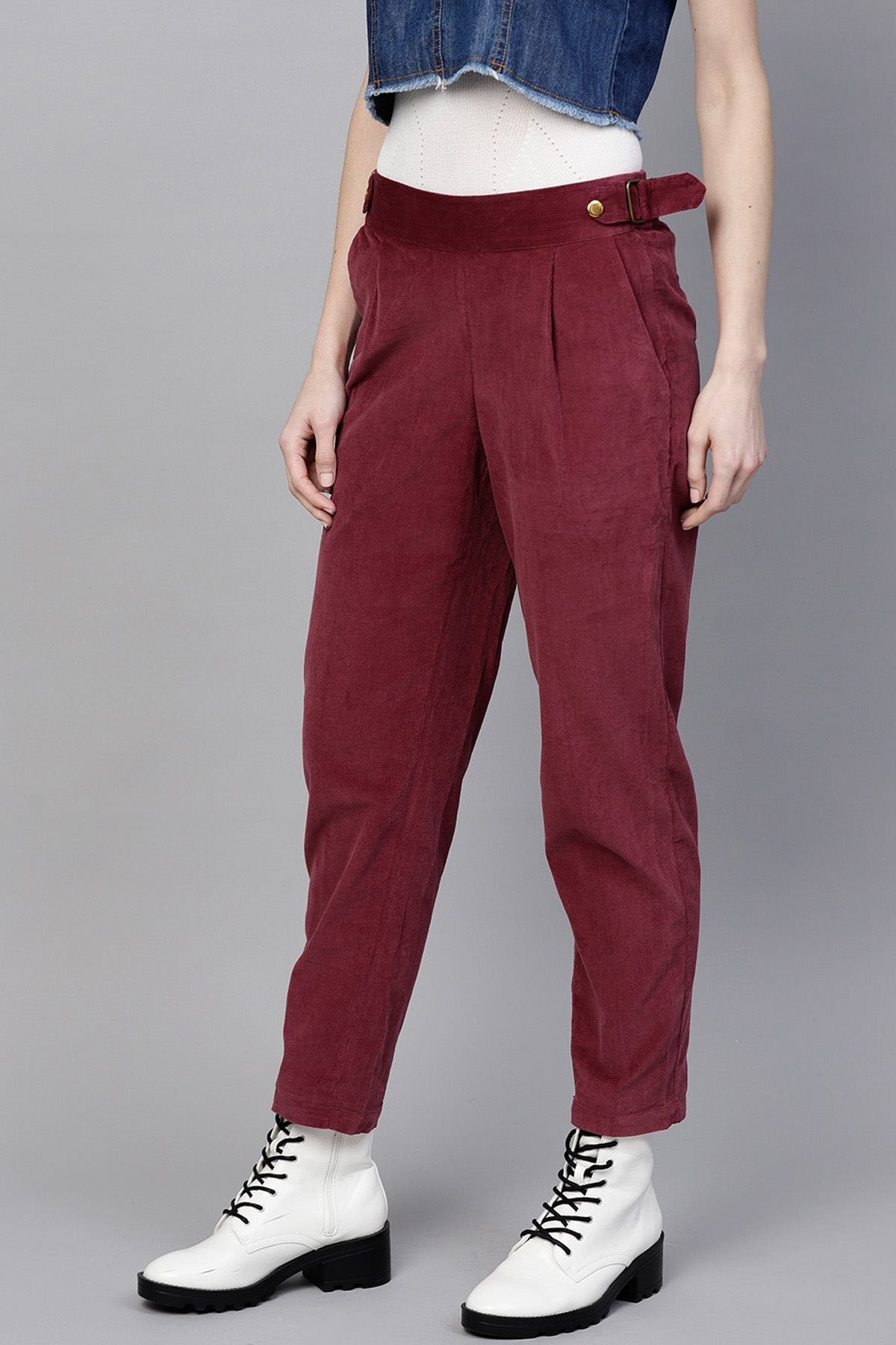 Women's Maroon Corduroy Slim Pants - SASSAFRAS