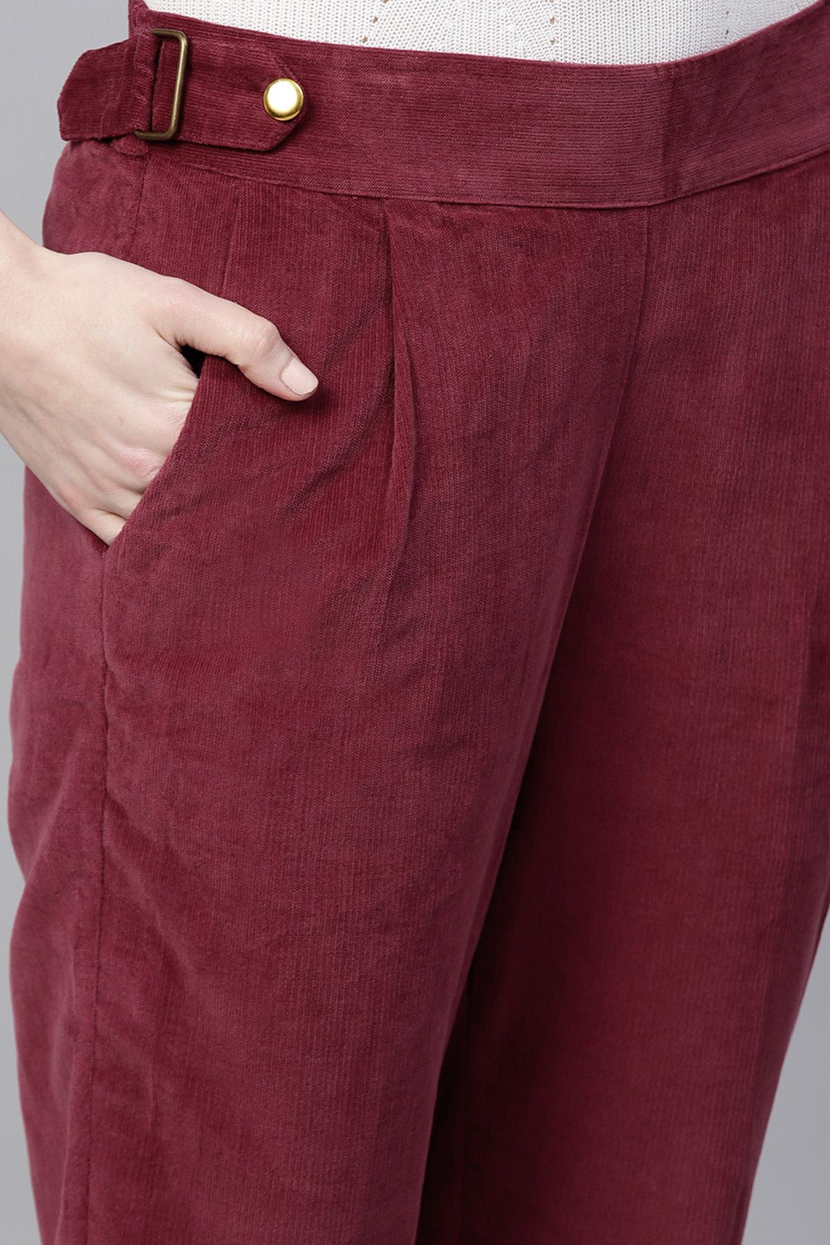 Women's Maroon Corduroy Slim Pants - SASSAFRAS