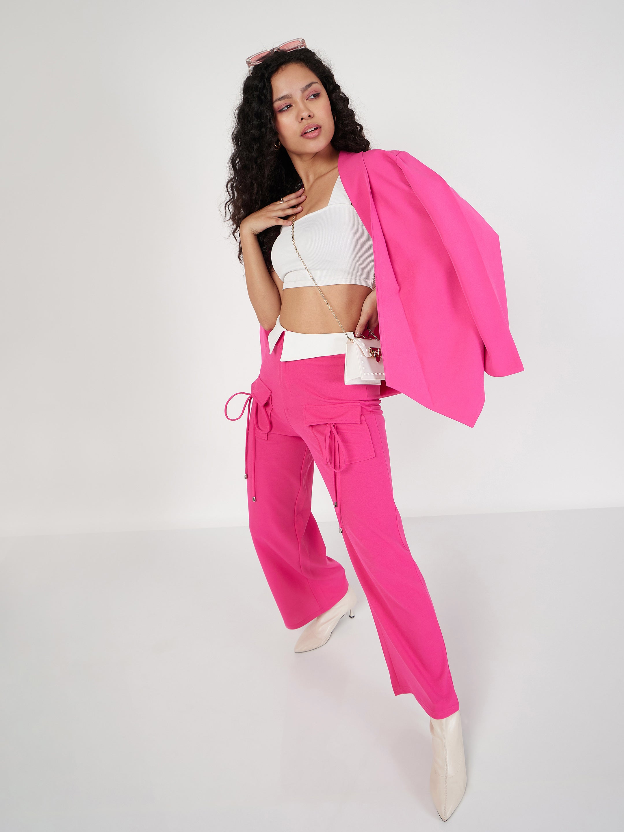 Women's Pink Contrast Waistband Cargo Pants - Lyush