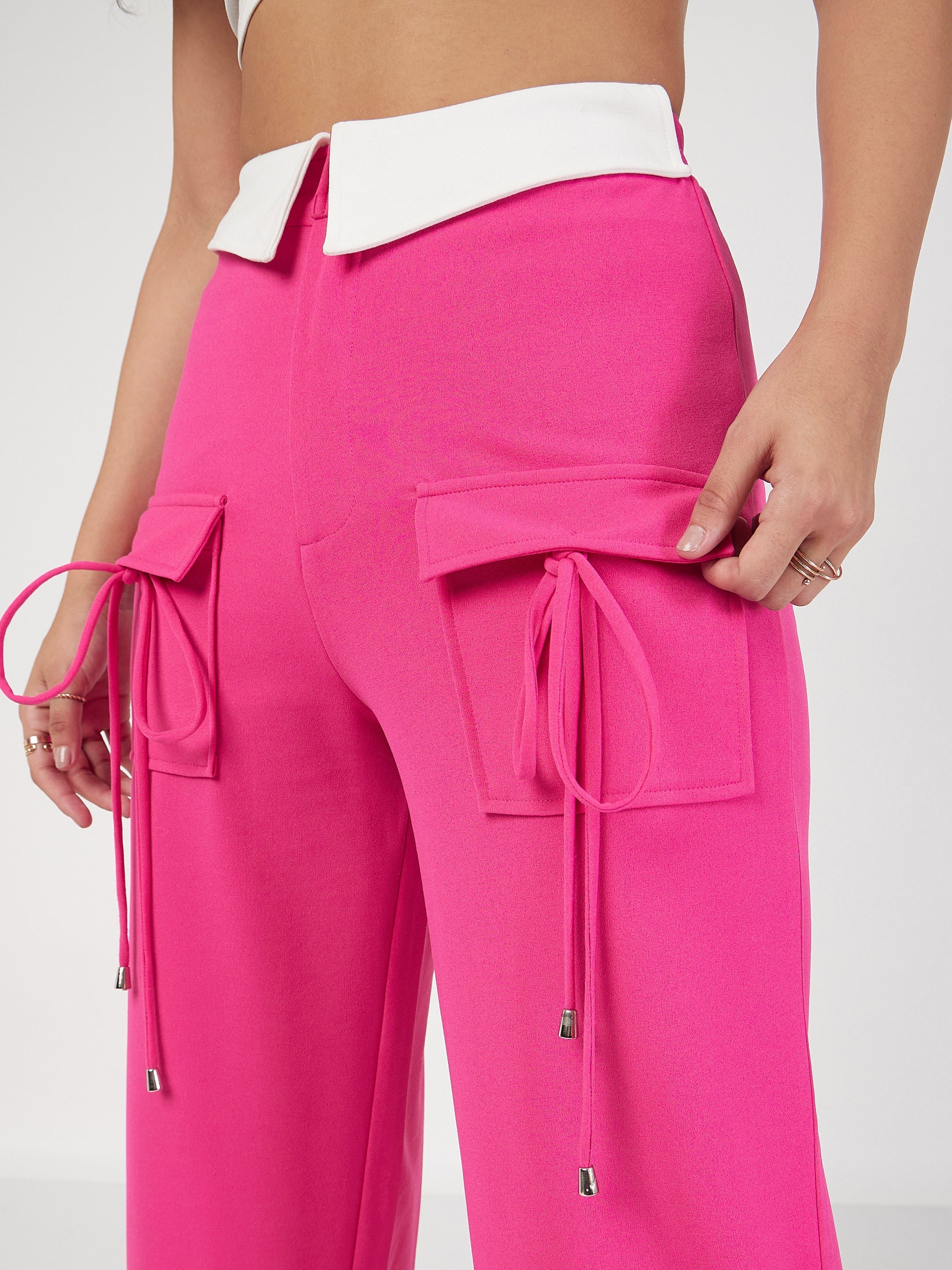 Women's Pink Contrast Waistband Cargo Pants - Lyush