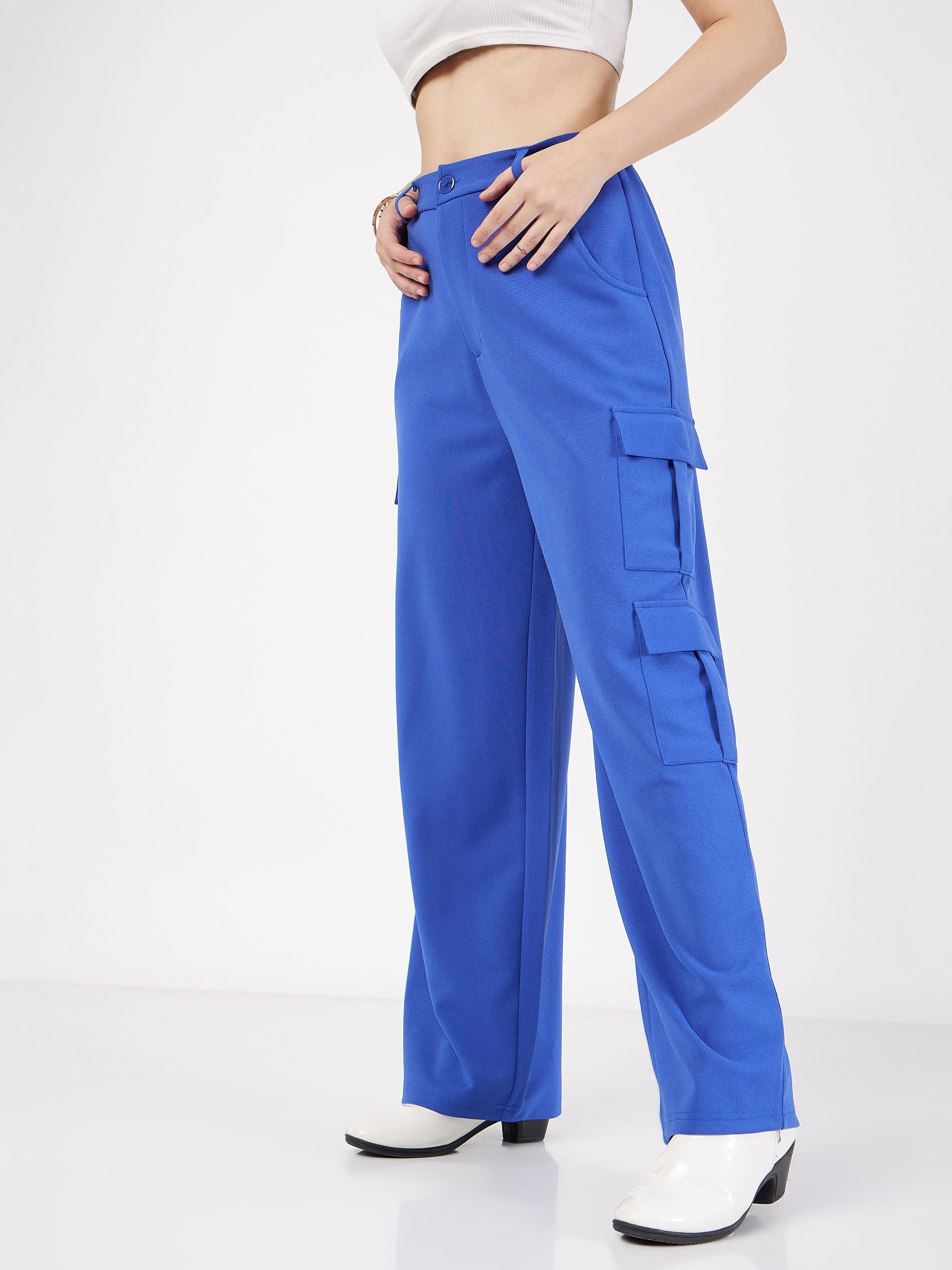 Women's Royal Blue Multi Pocket Detail Cargo Pants - Lyush