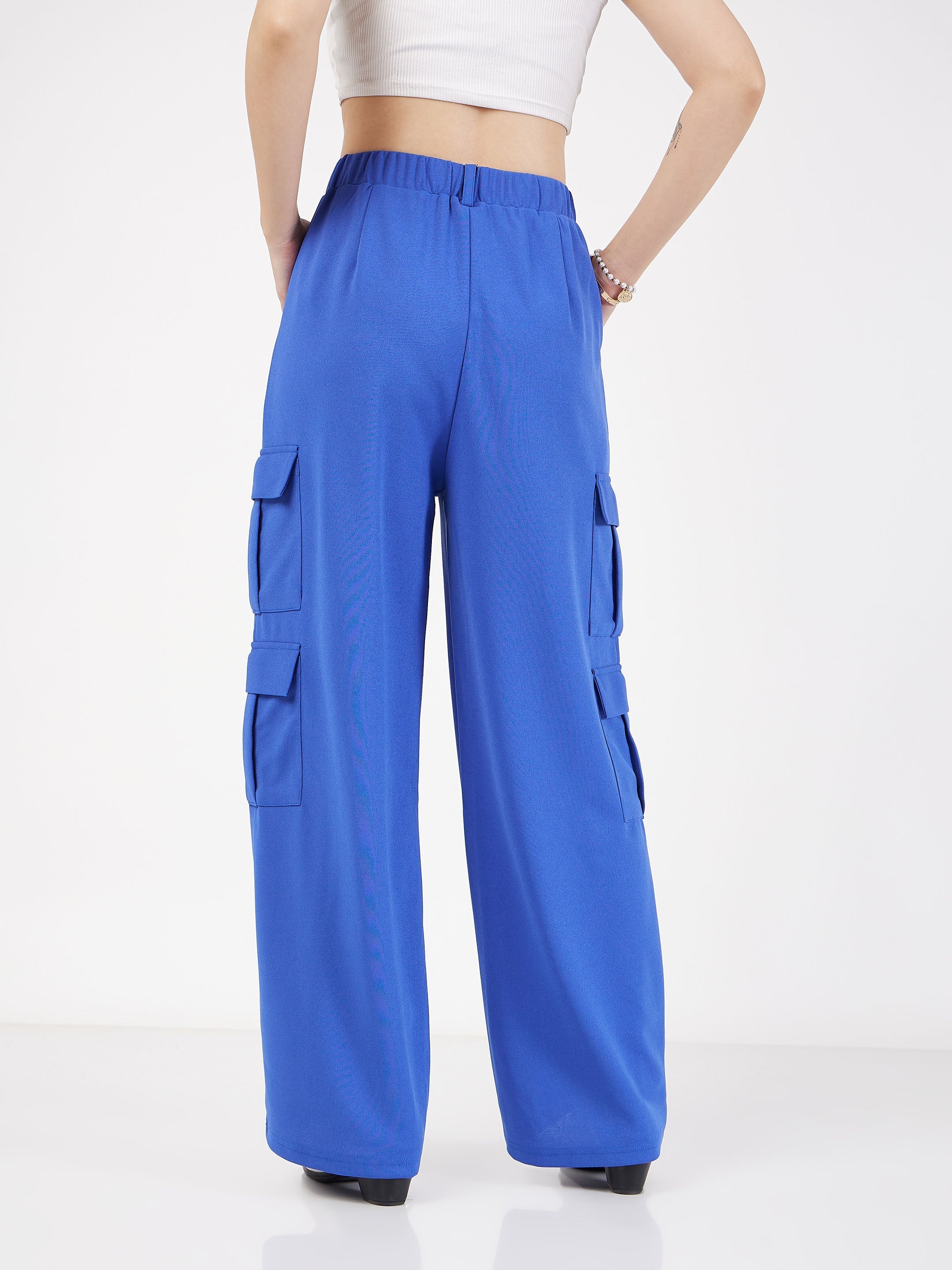 Women's Royal Blue Multi Pocket Detail Cargo Pants - Lyush