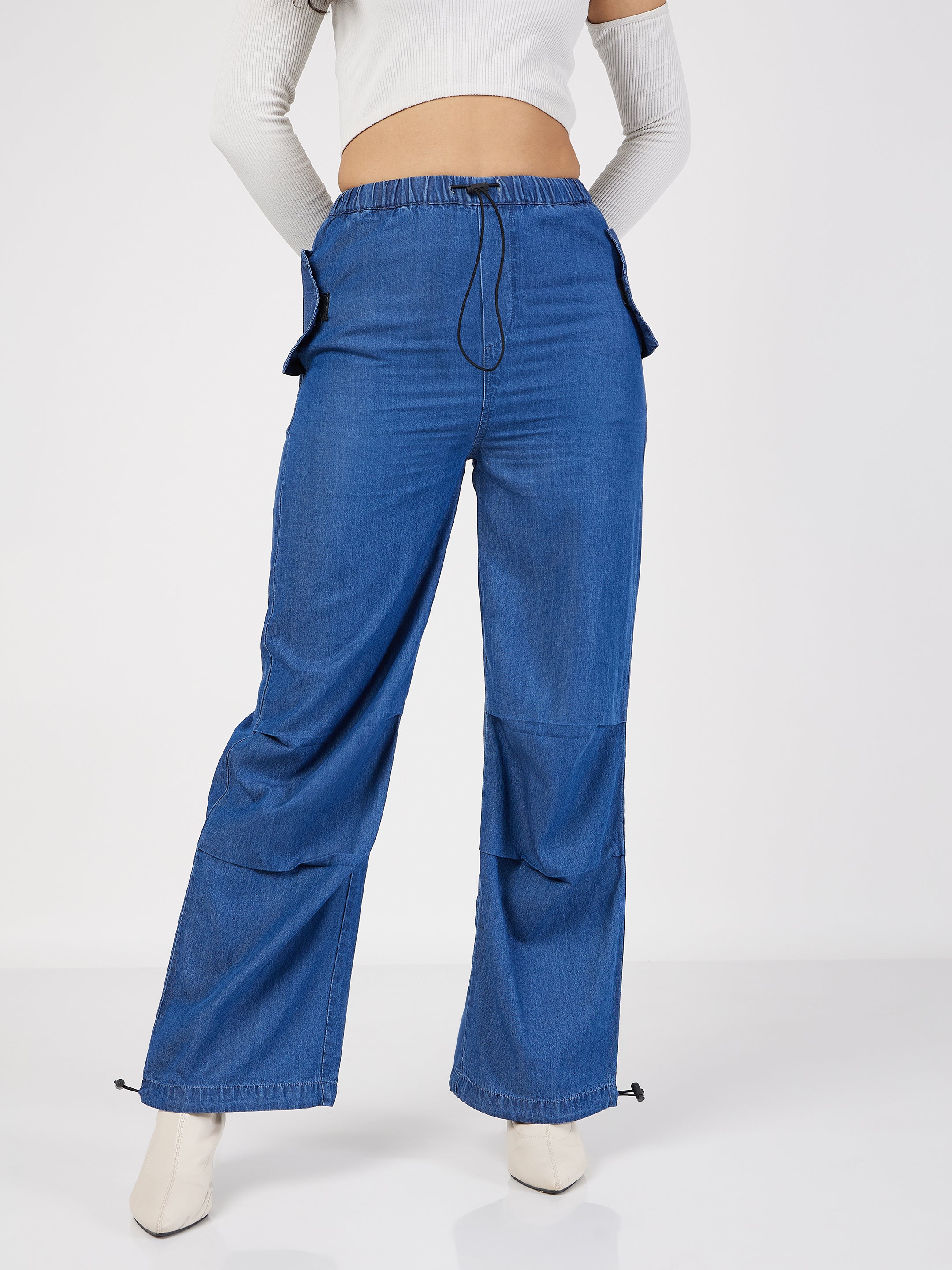 Women's Blue Denim Baggy Fit Cargo Pants - Lyush