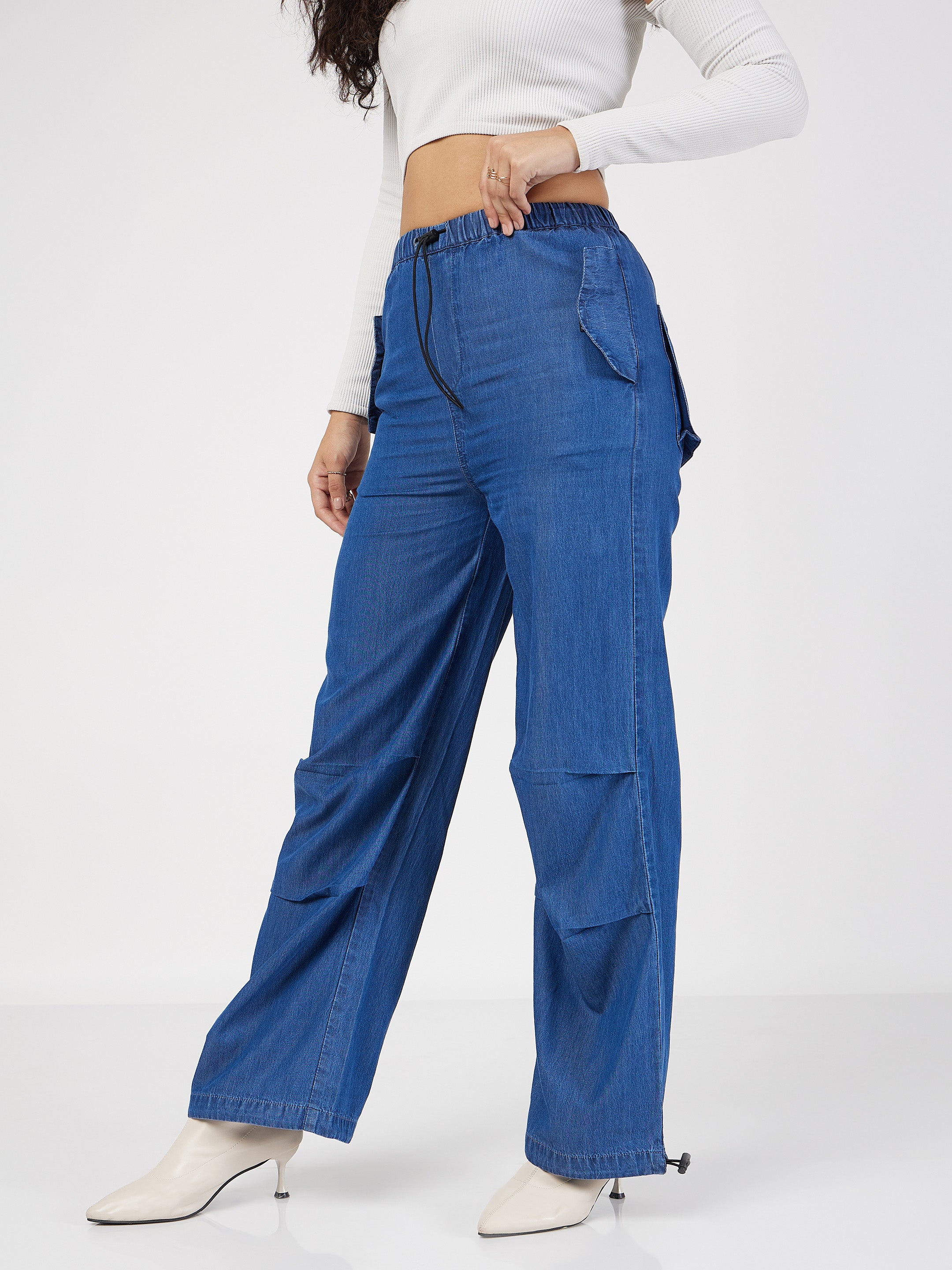 Women's Blue Denim Baggy Fit Cargo Pants - Lyush