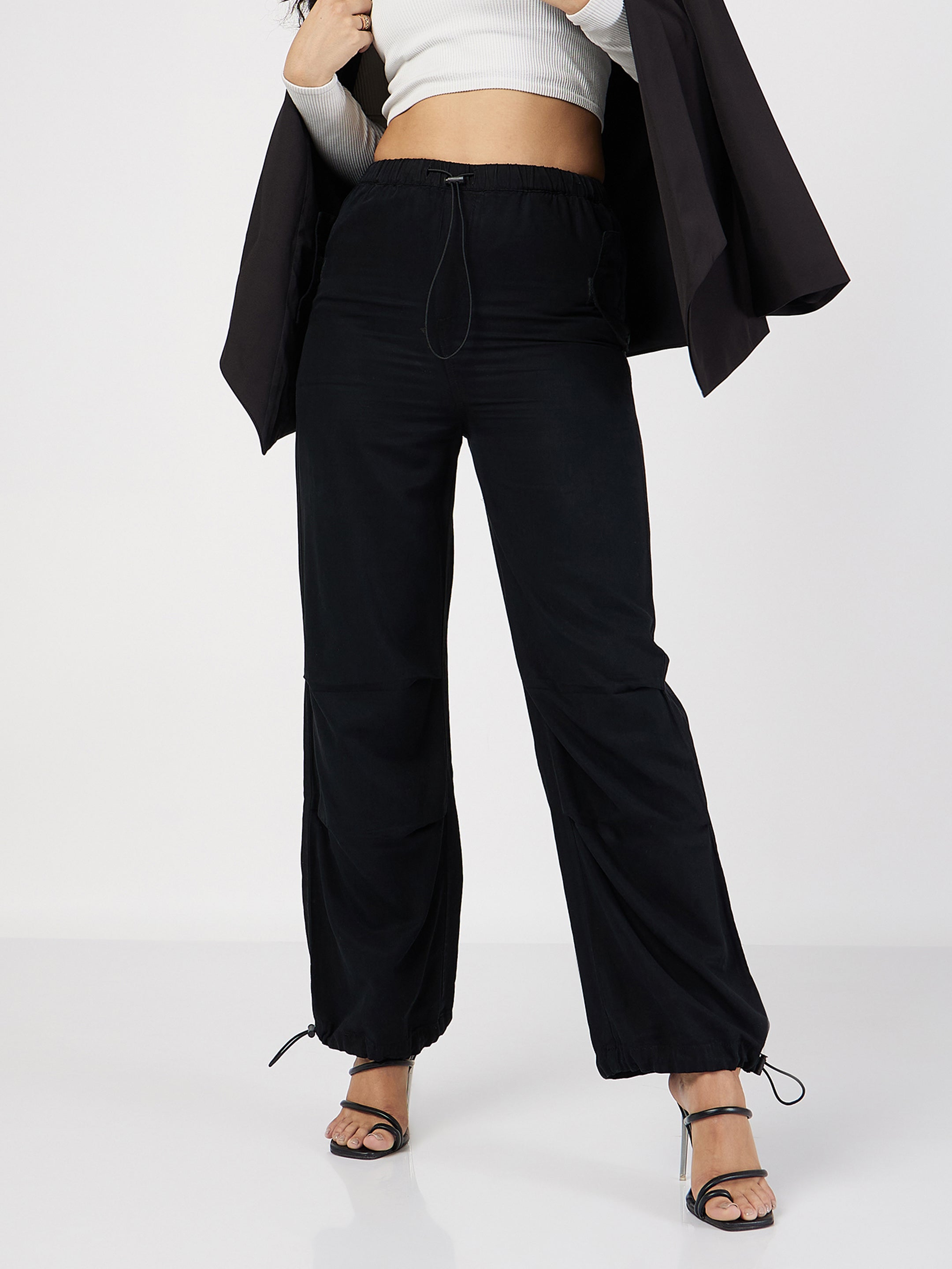 Women's Black Denim Baggy Fit Cargo Pants - Lyush