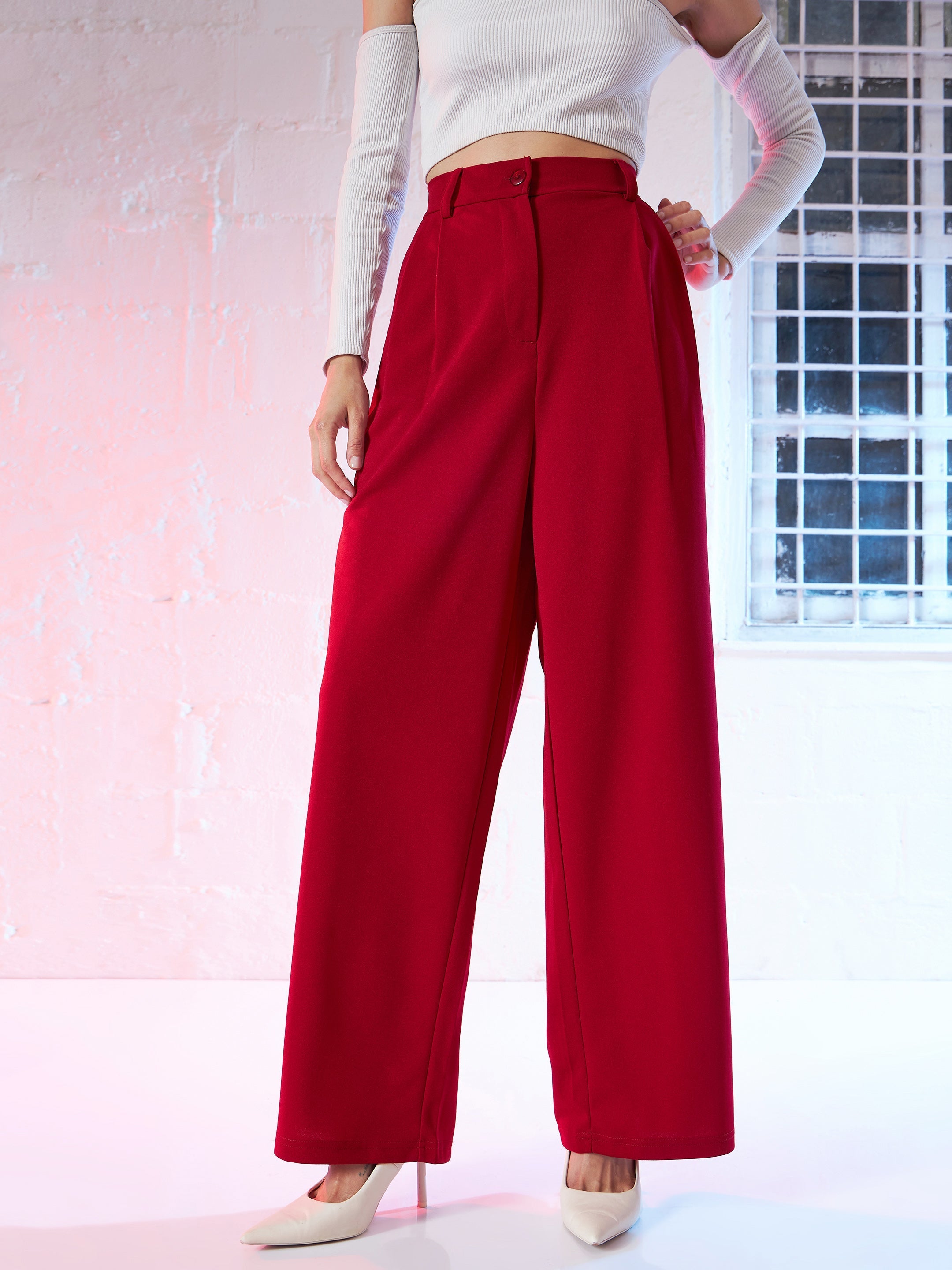 Women's Red Korean Pleated Loose Fit Pants - Lyush