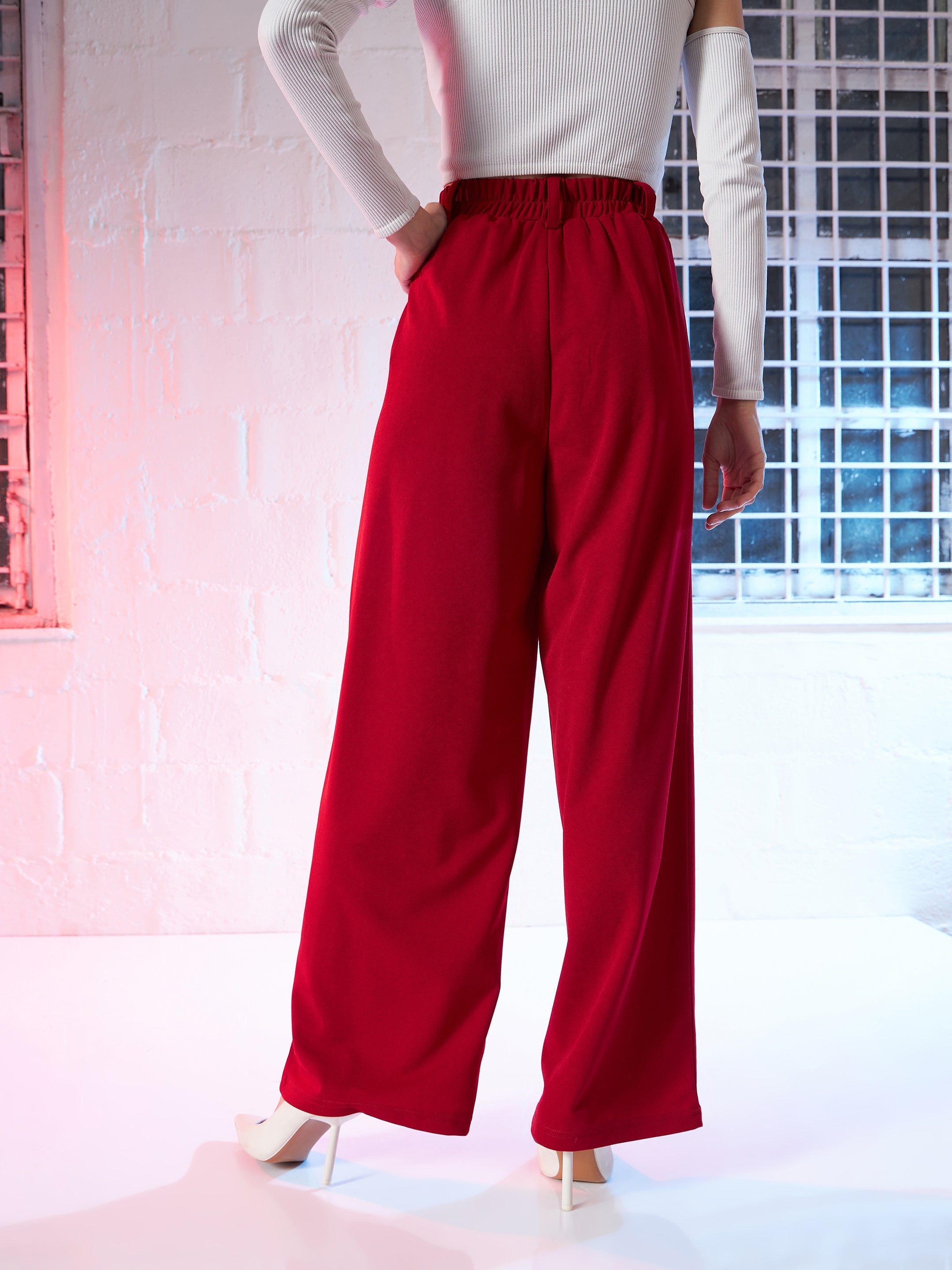 Women's Red Korean Pleated Loose Fit Pants - Lyush