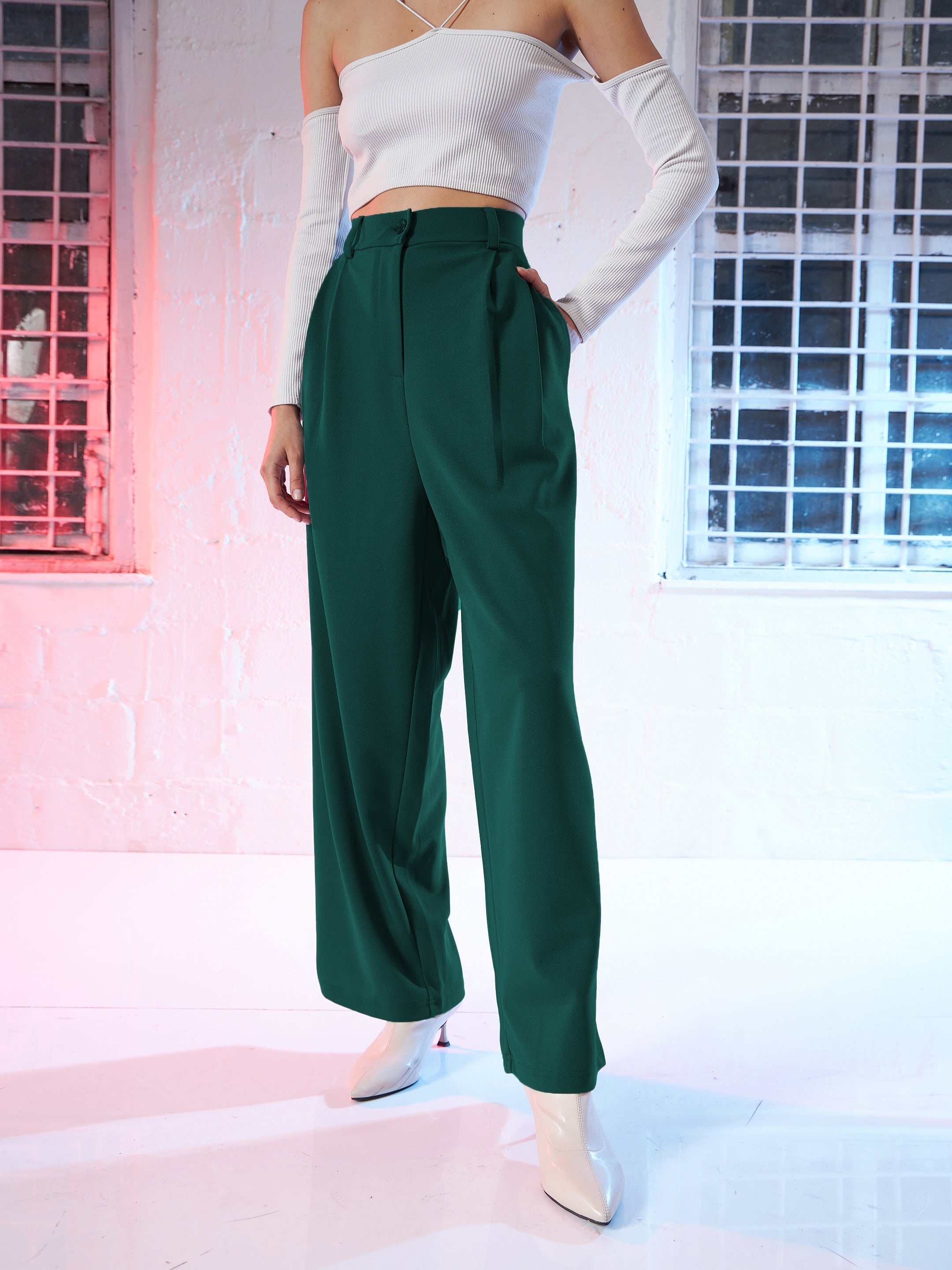 Women's Emerald Green Korean Pleated Loose Fit Pants - Lyush