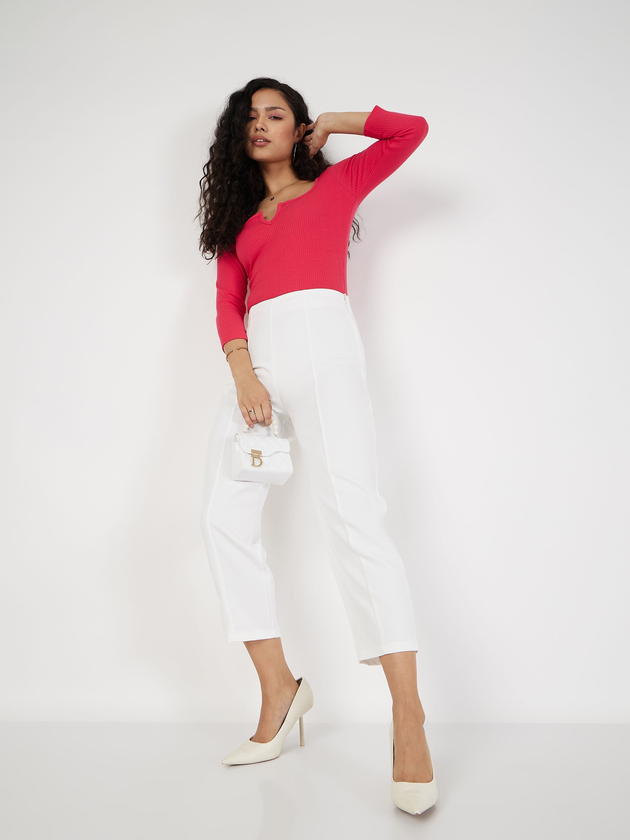 Women's White Front Darted Balloon Fit Pants - Lyush
