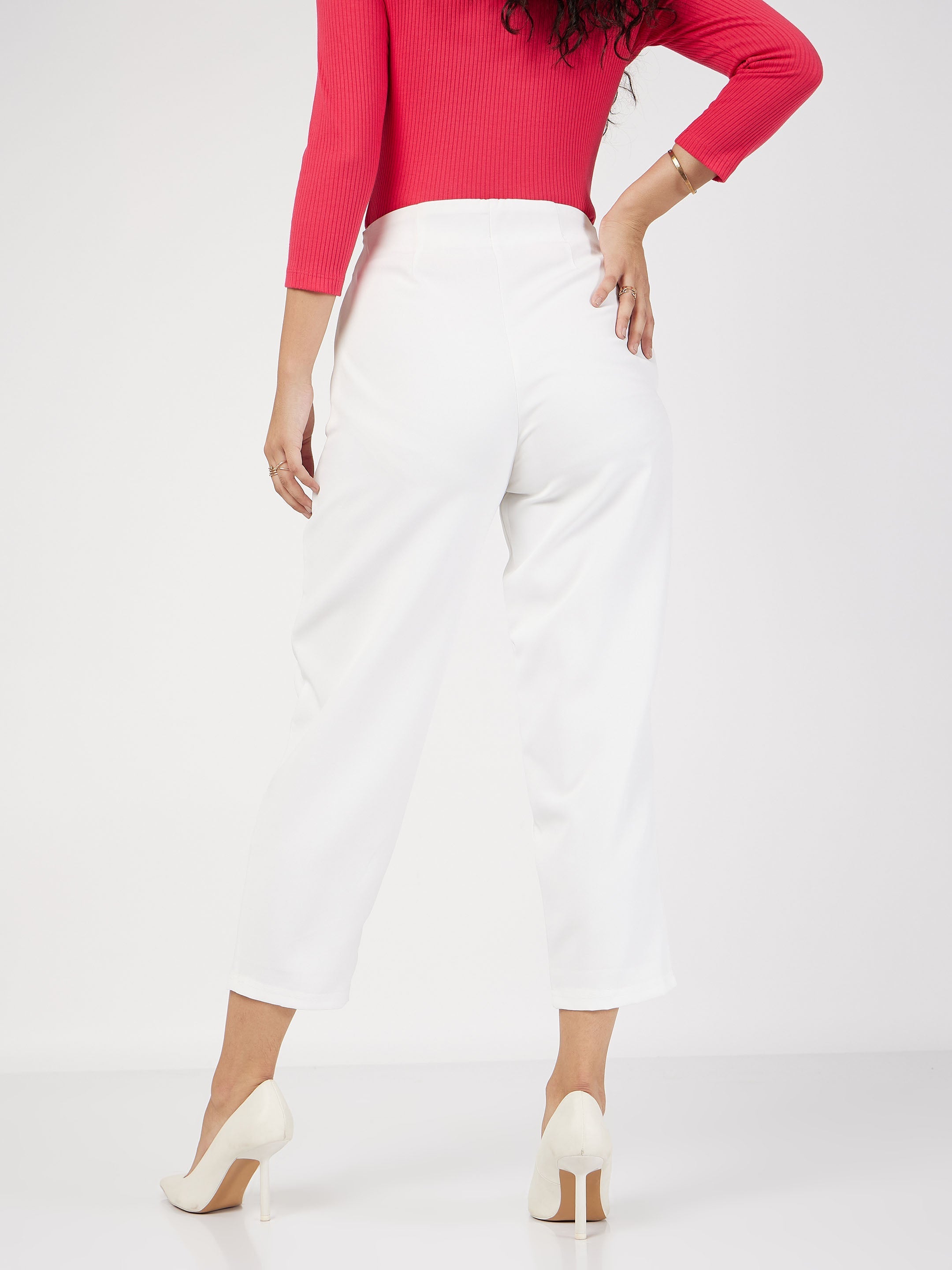 Women's White Front Darted Balloon Fit Pants - Lyush