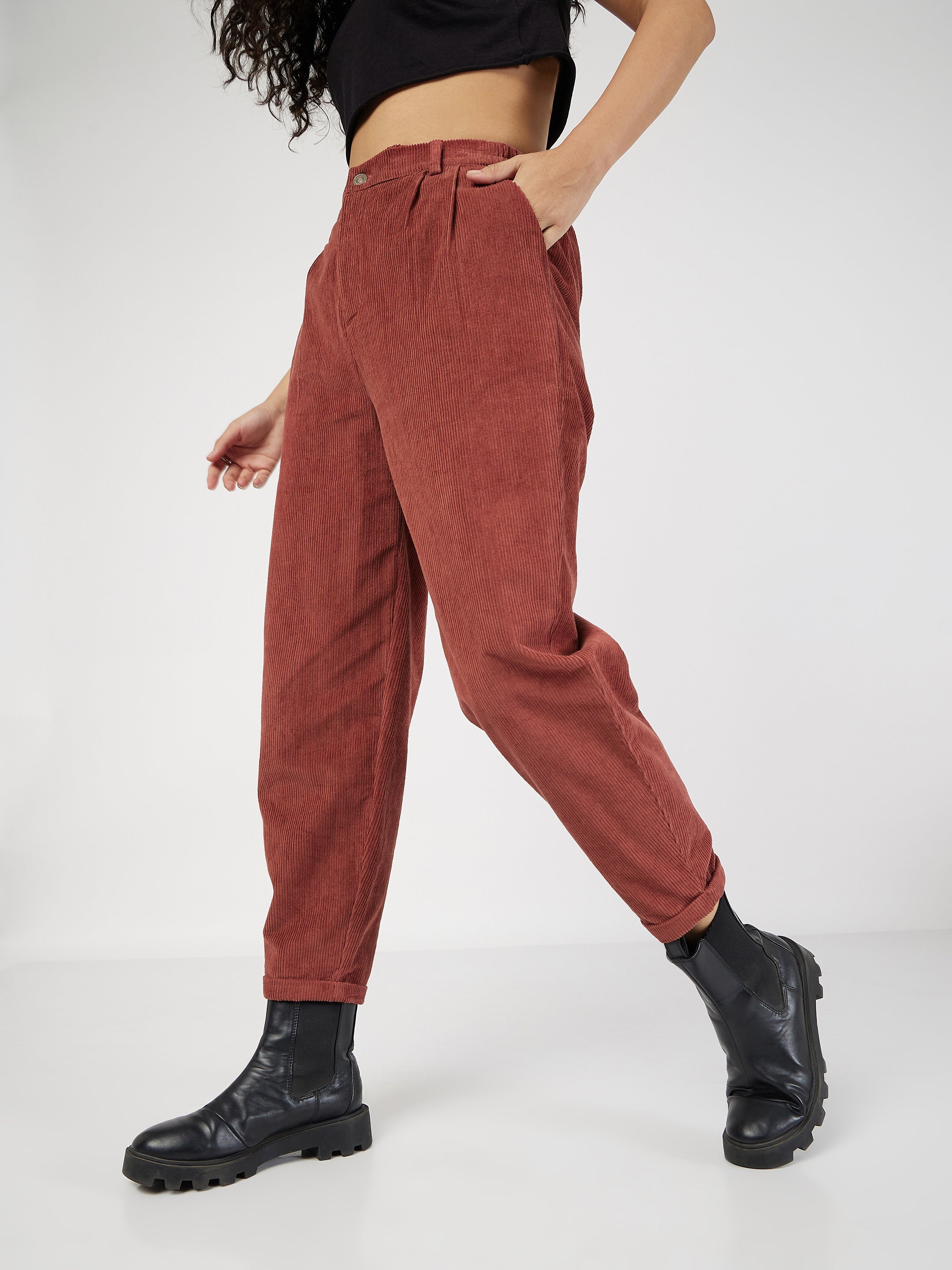 Women's Rust Corduroy Carrot Fit Pants - Lyush