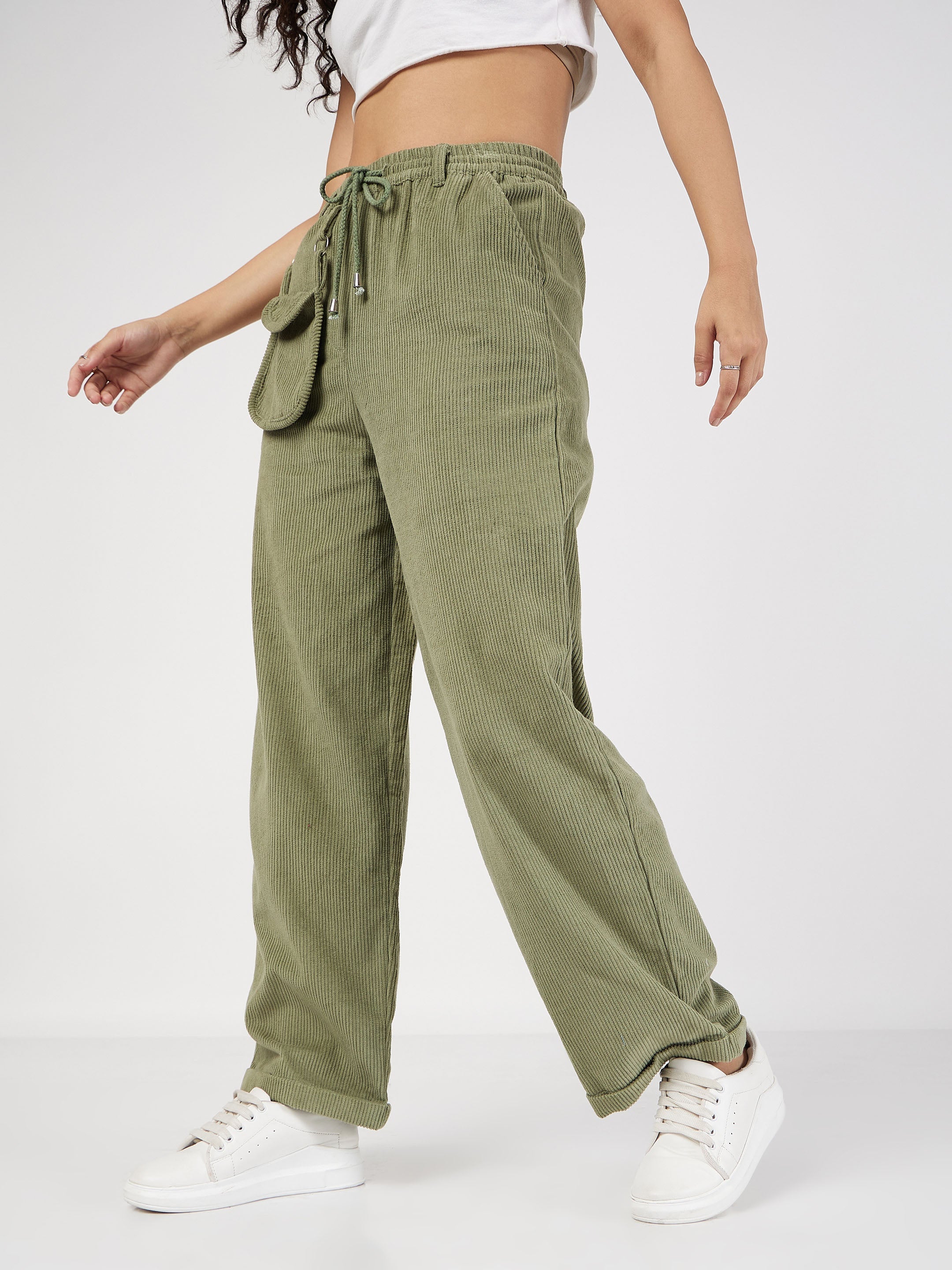 Women's Olive Corduroy Pouch Pocket Drawstring Pants - Lyush