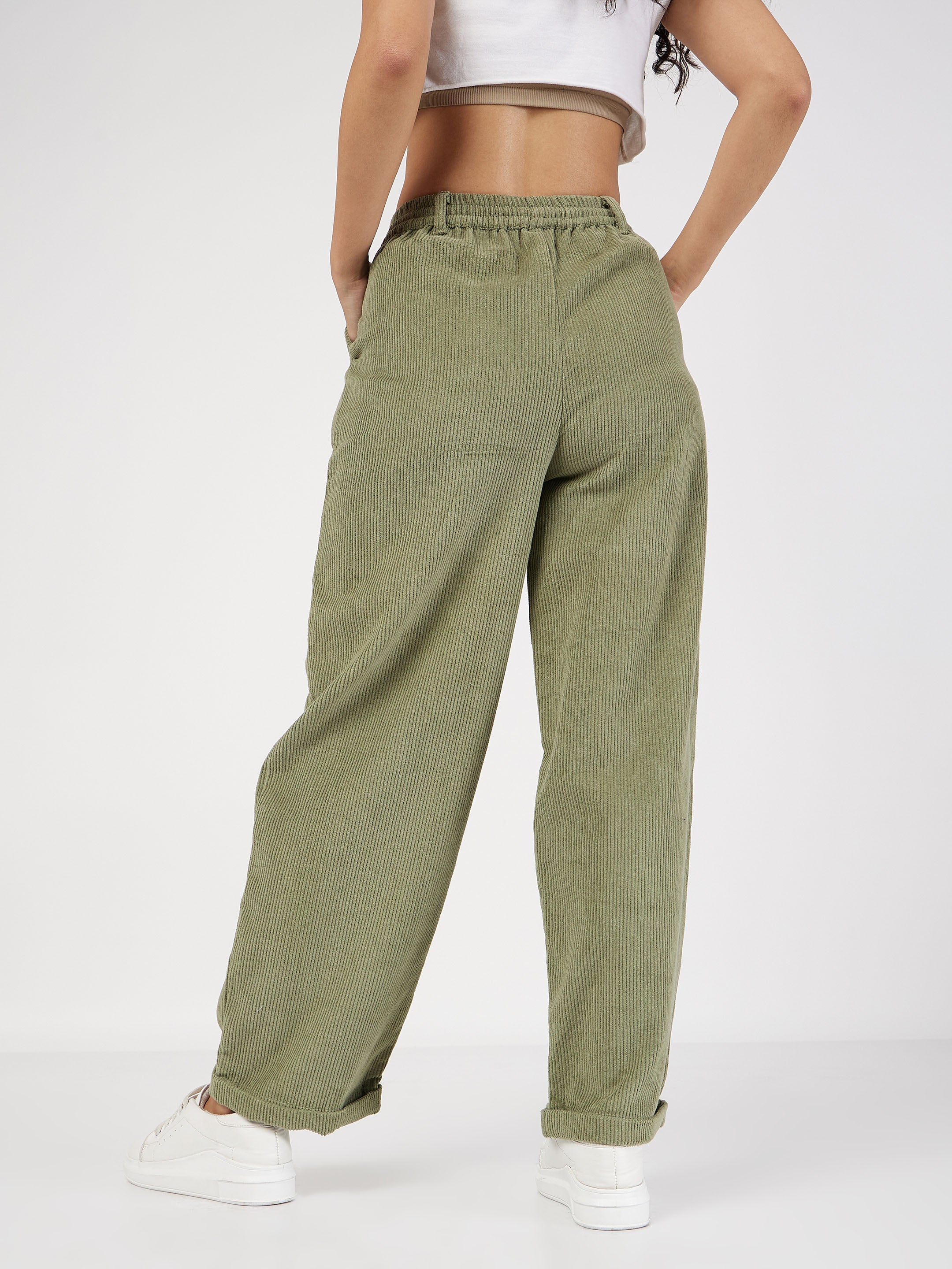 Women's Olive Corduroy Pouch Pocket Drawstring Pants - Lyush