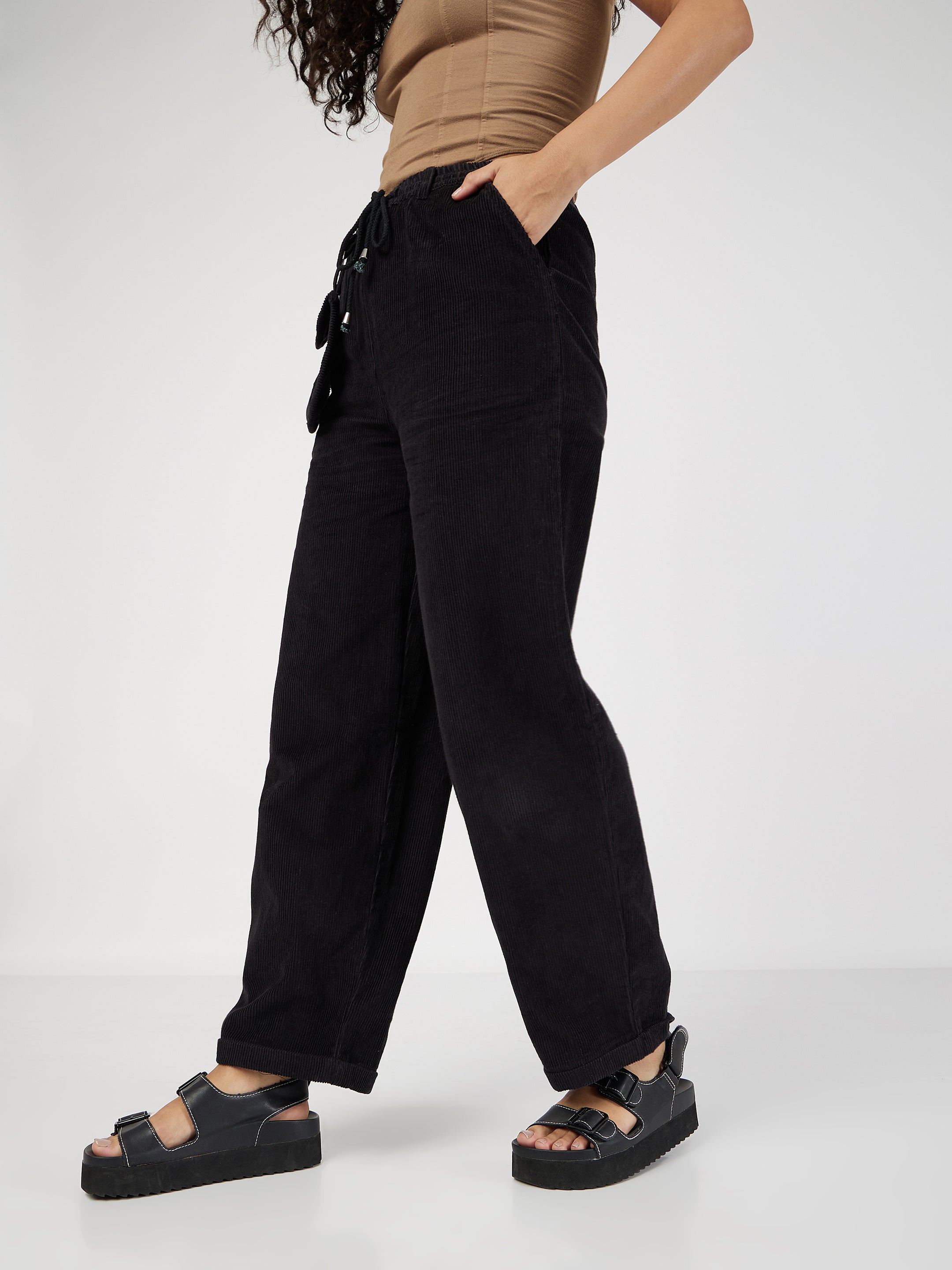 Women's Black Corduroy Pouch Pocket Drawstring Pants - Lyush