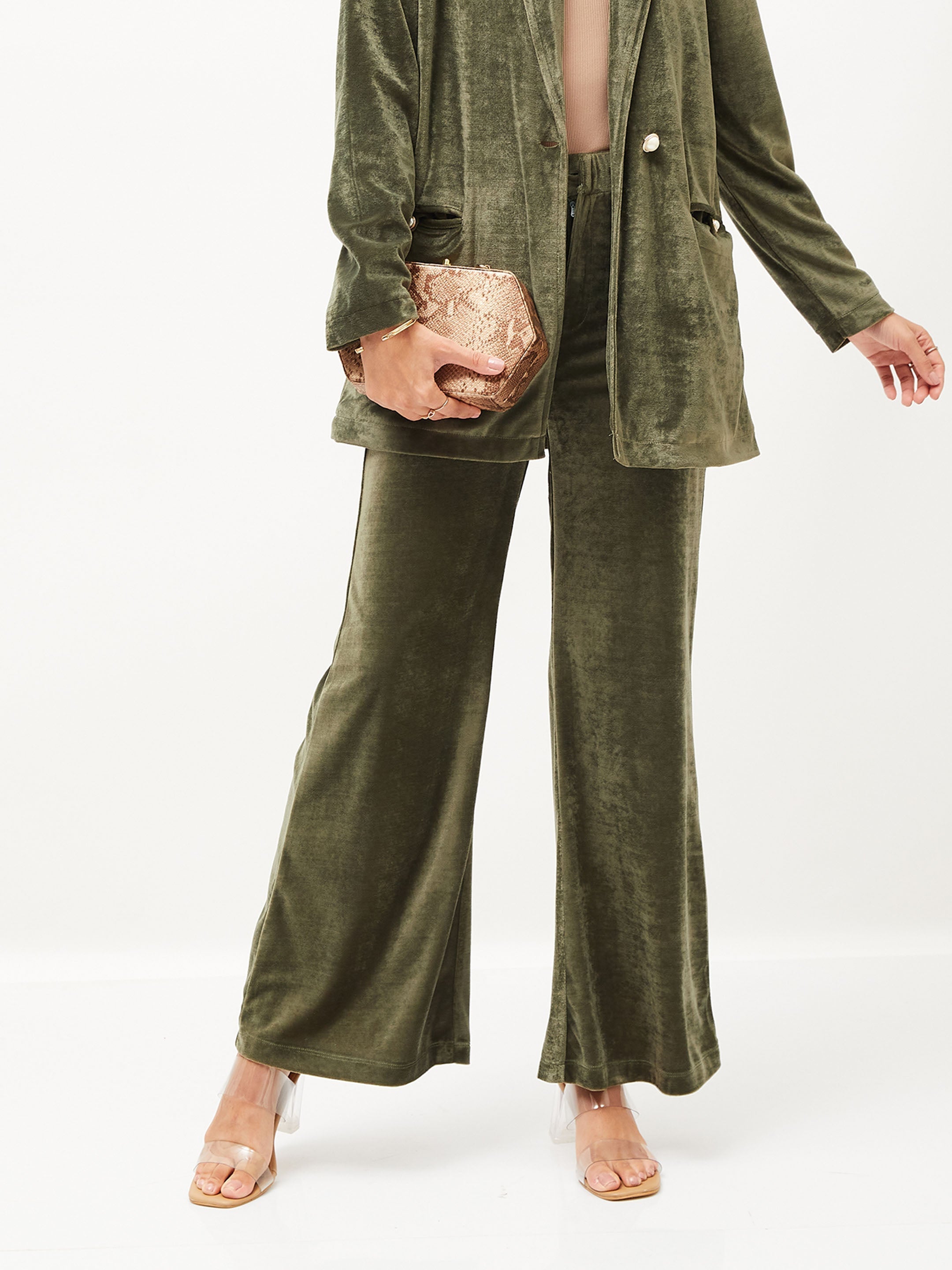 Women's Olive Velvet Bell Bottom Pants - Lyush