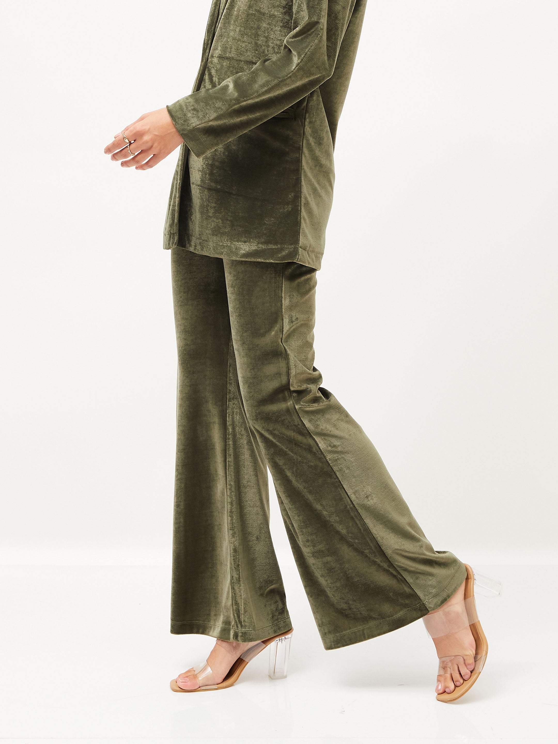 Women's Olive Velvet Bell Bottom Pants - Lyush