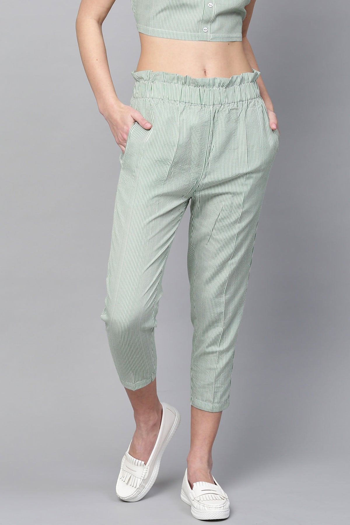 Women's Green Stripes Tapered Pants - SASSAFRAS