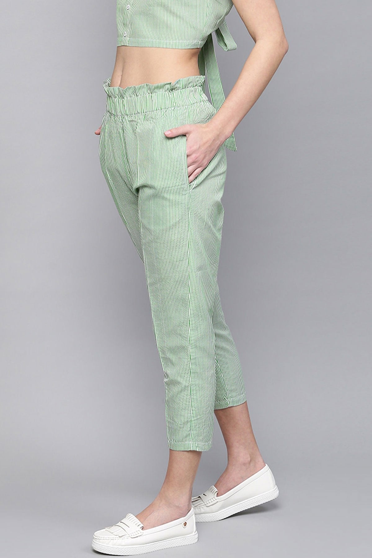 Women's Green Stripes Tapered Pants - SASSAFRAS