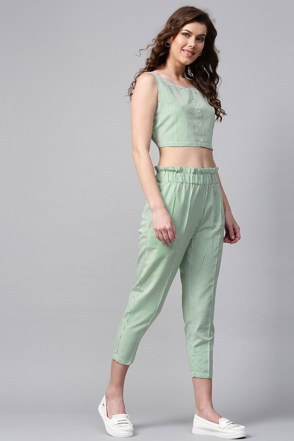 Women's Green Stripes Tapered Pants - SASSAFRAS