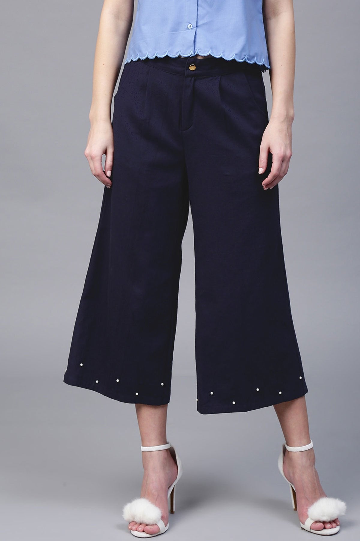 Women's Navy Wide Leg Pearl Culottes - SASSAFRAS