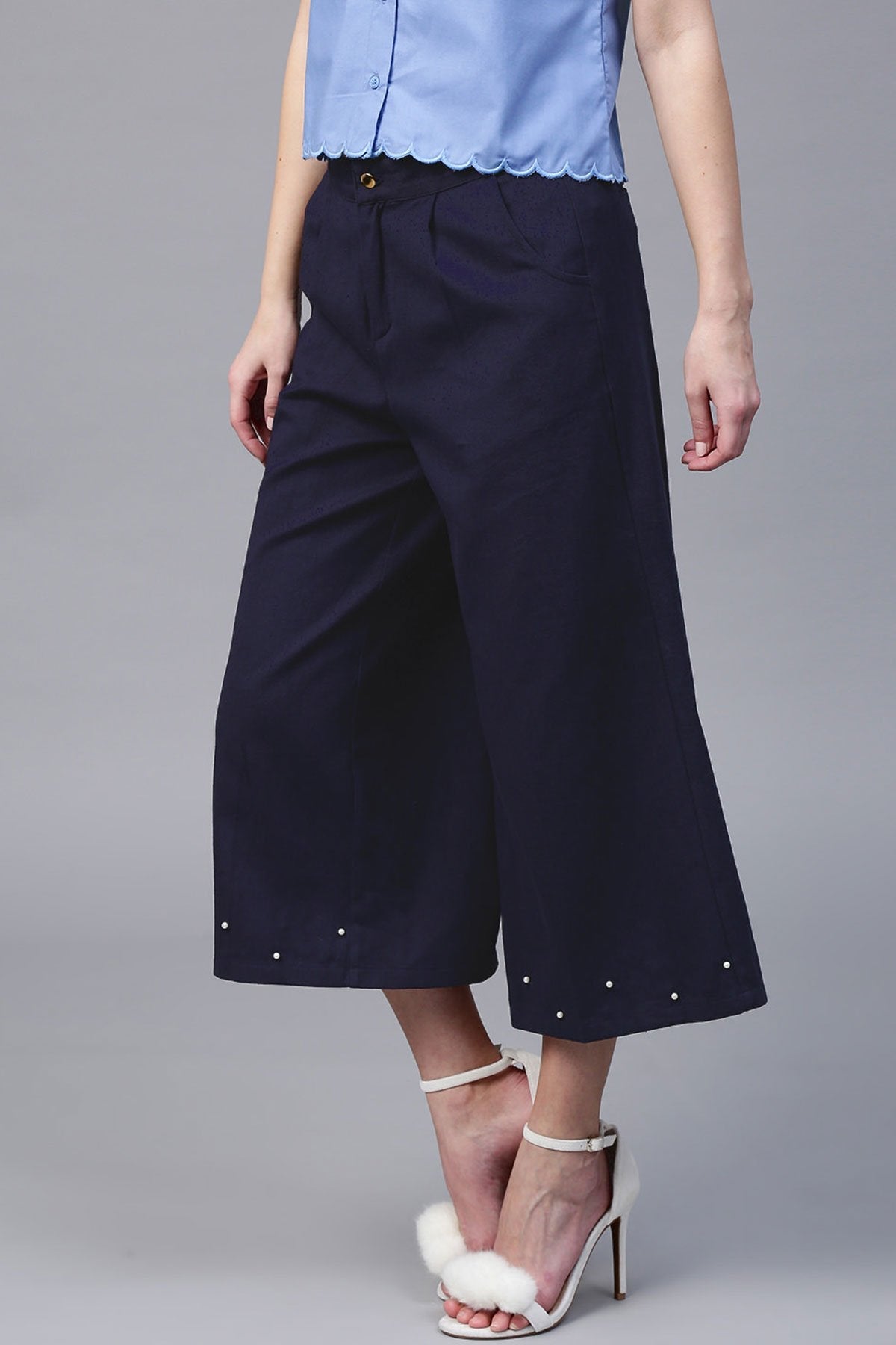 Women's Navy Wide Leg Pearl Culottes - SASSAFRAS