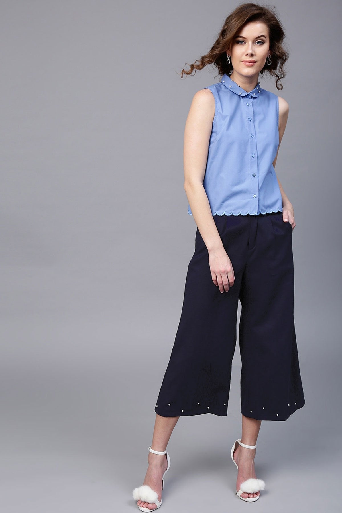 Women's Navy Wide Leg Pearl Culottes - SASSAFRAS