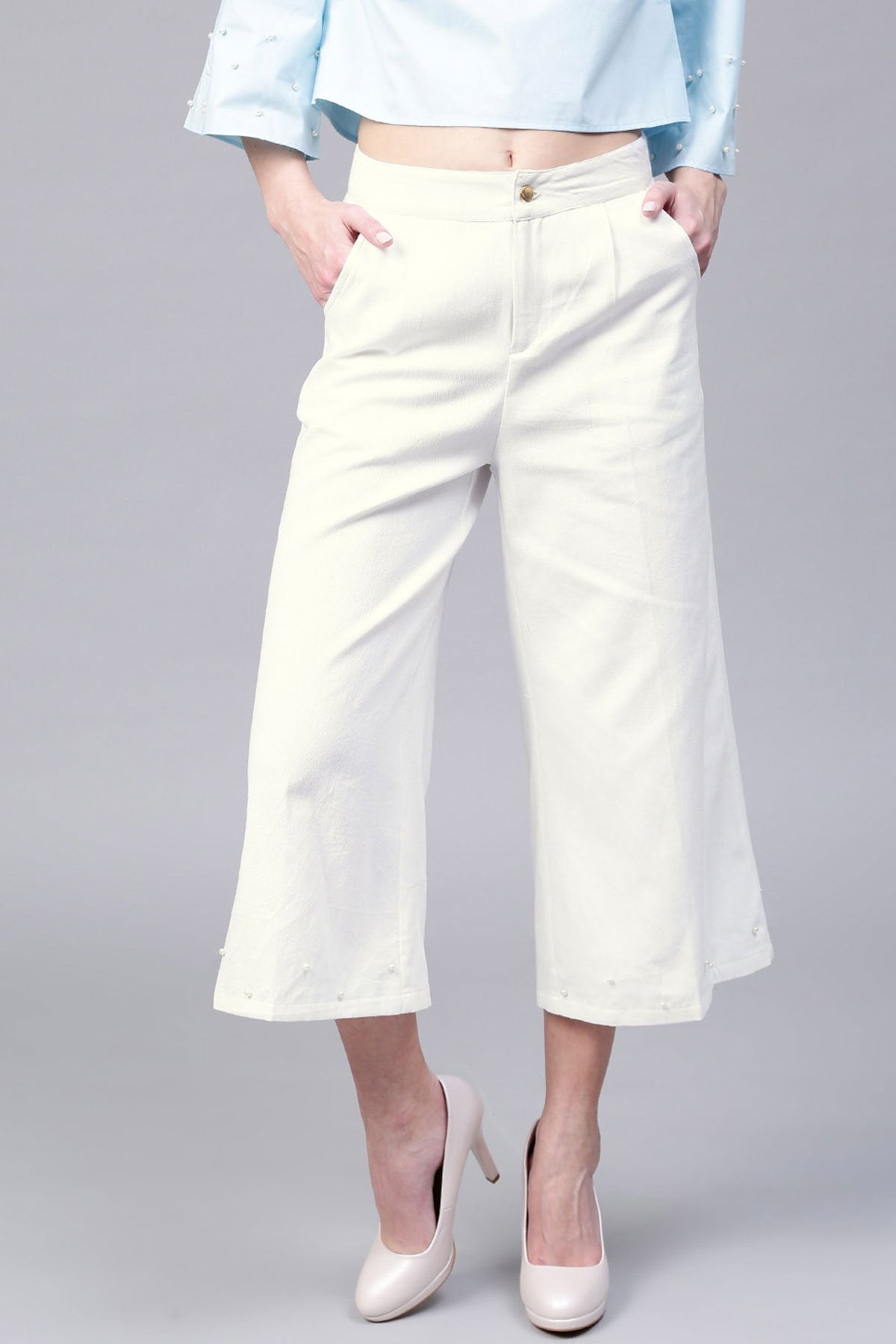 Women's Ivory Wide Leg Pearl Culottes - SASSAFRAS