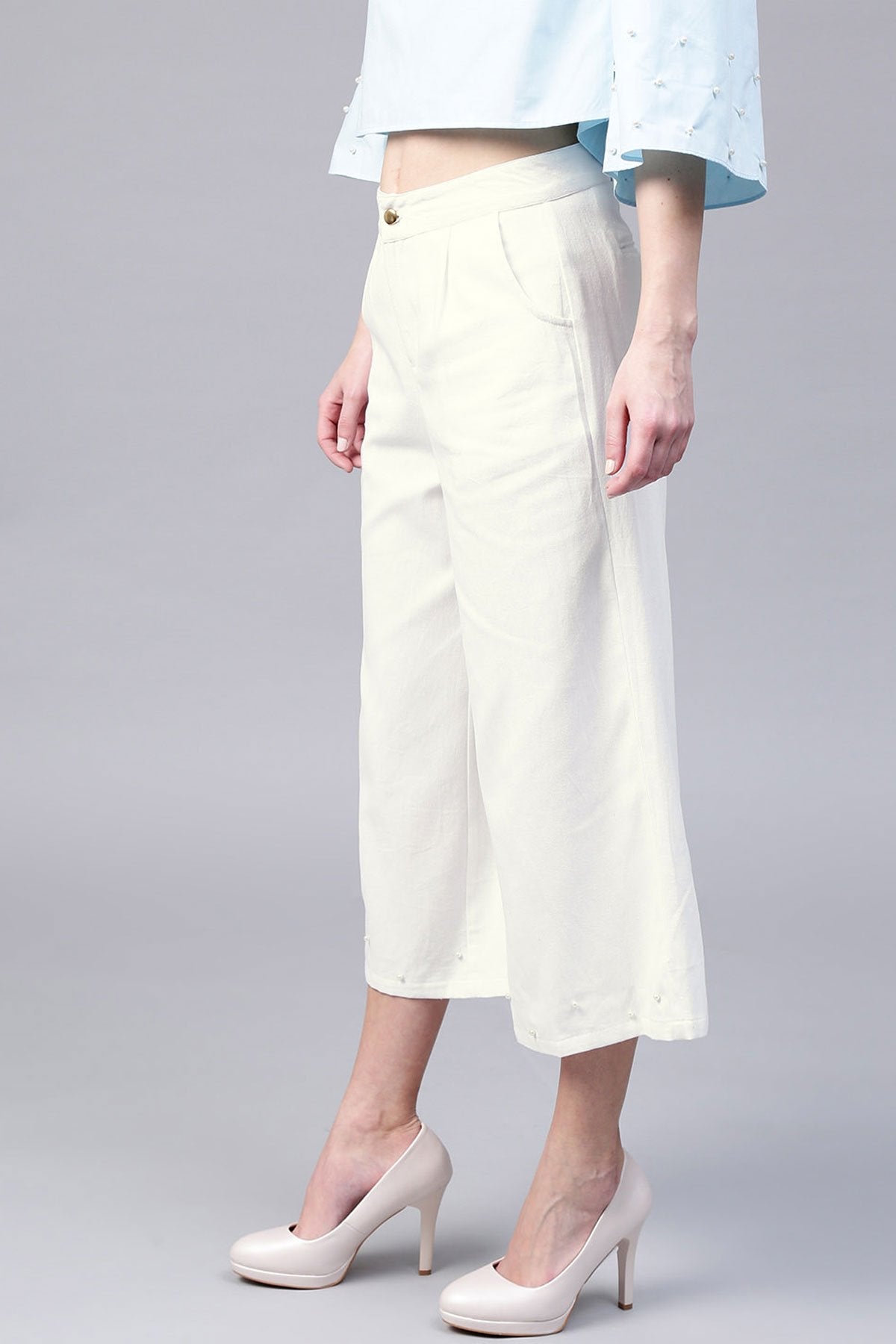 Women's Ivory Wide Leg Pearl Culottes - SASSAFRAS