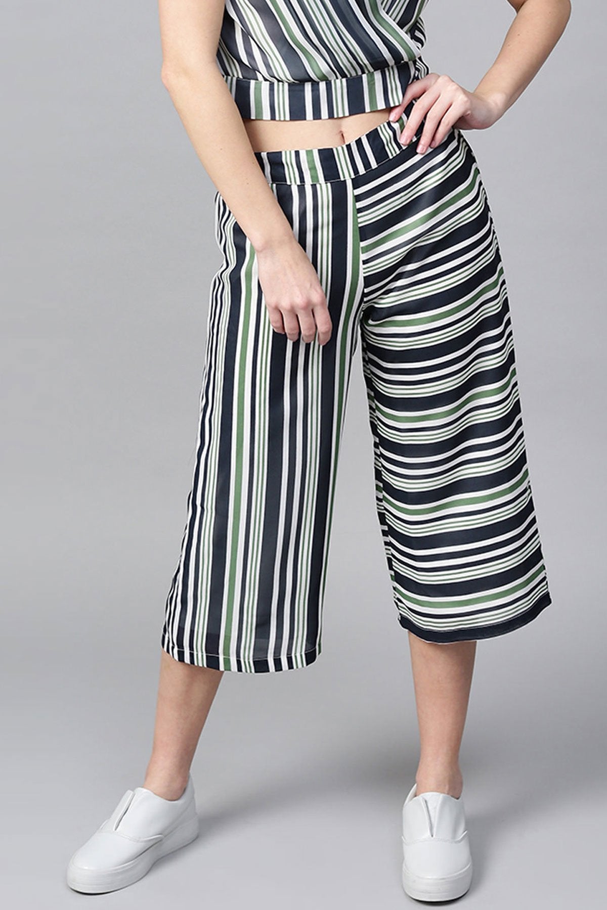 Women's Navy & Dark Green Stripes A-Line Culottes - SASSAFRAS