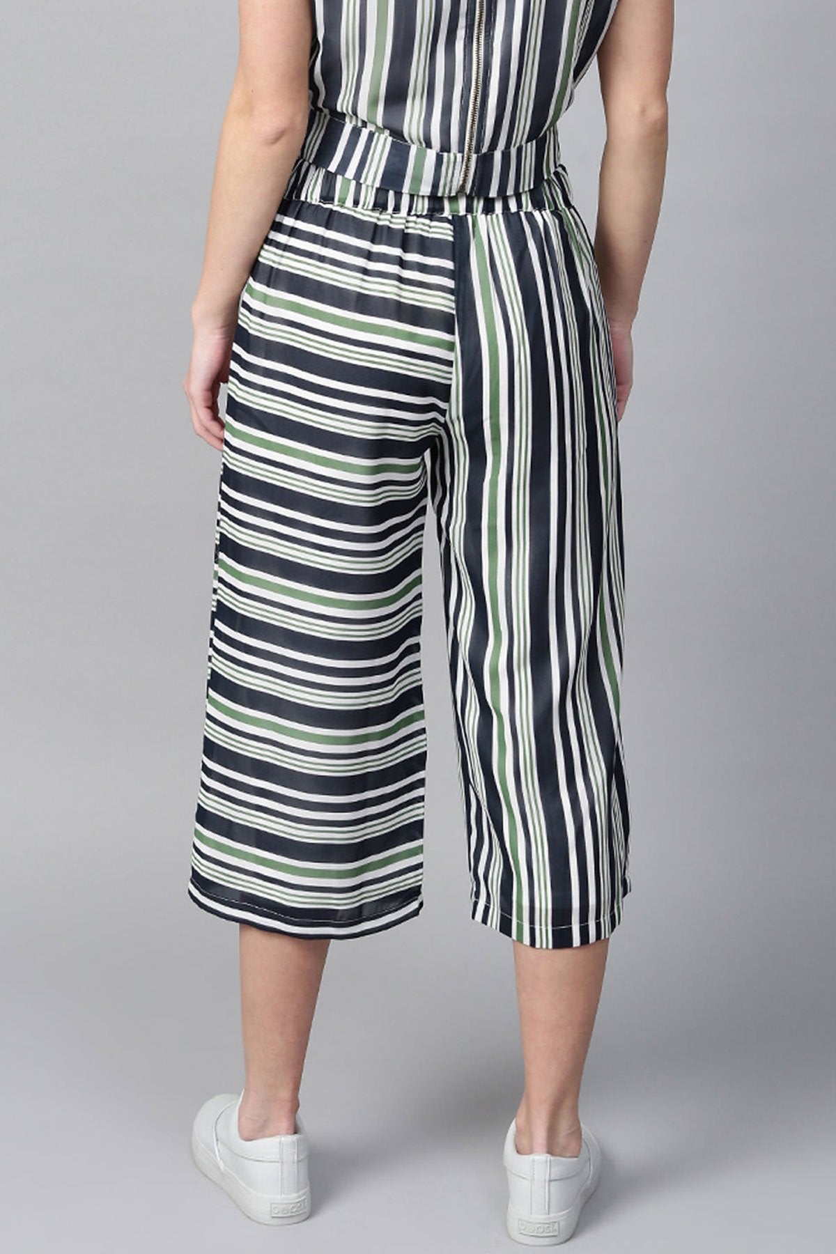 Women's Navy & Dark Green Stripes A-Line Culottes - SASSAFRAS