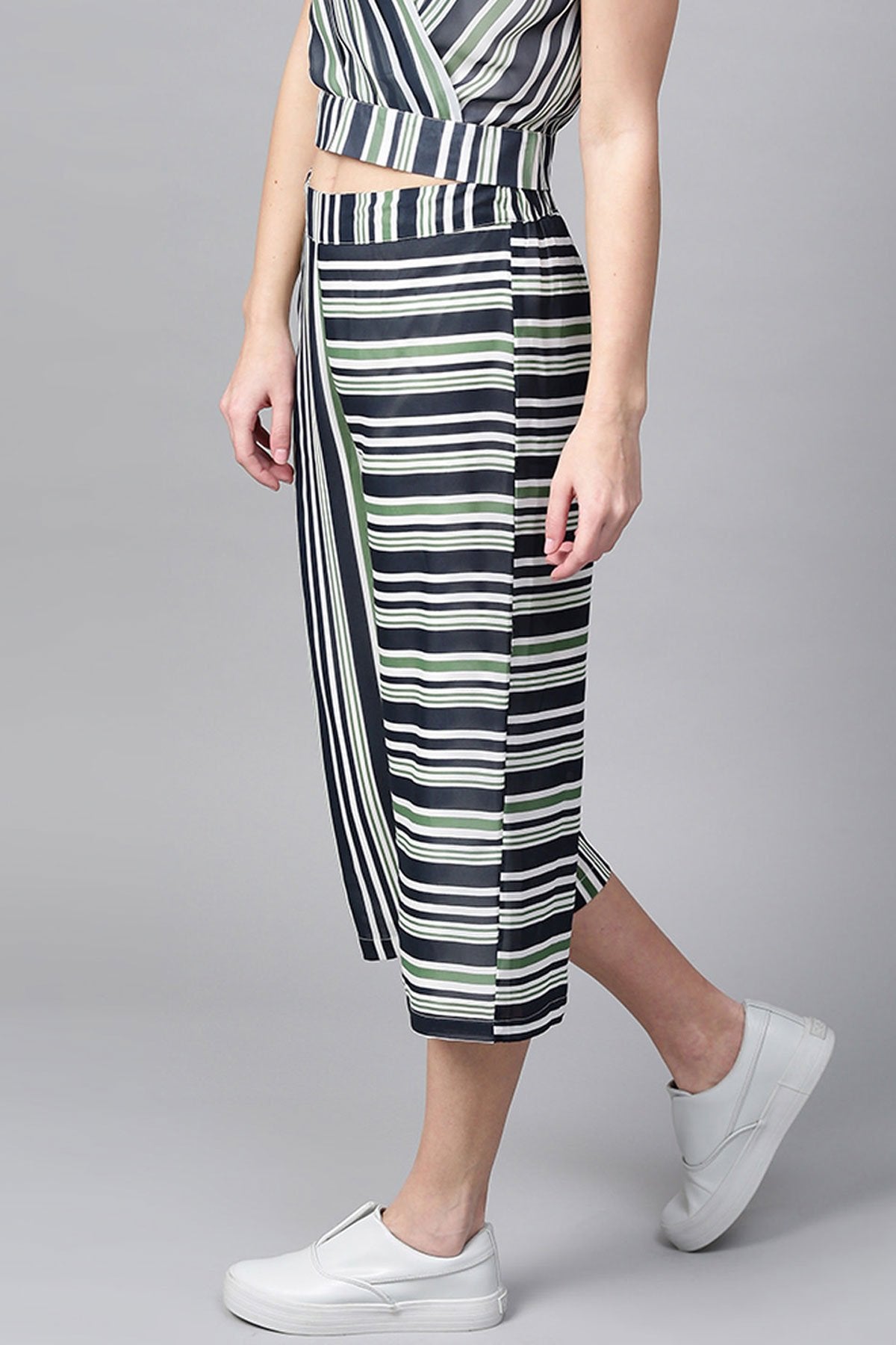 Women's Navy & Dark Green Stripes A-Line Culottes - SASSAFRAS