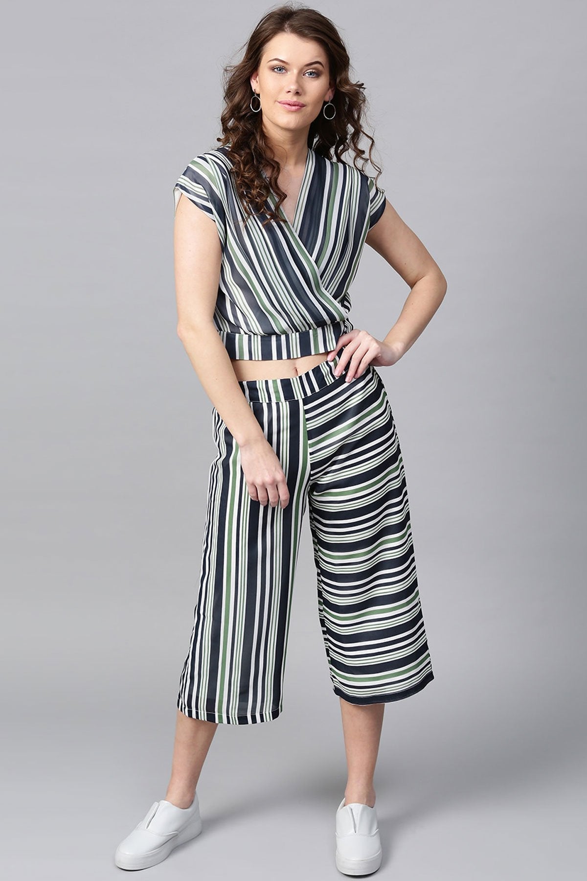 Women's Navy & Dark Green Stripes A-Line Culottes - SASSAFRAS