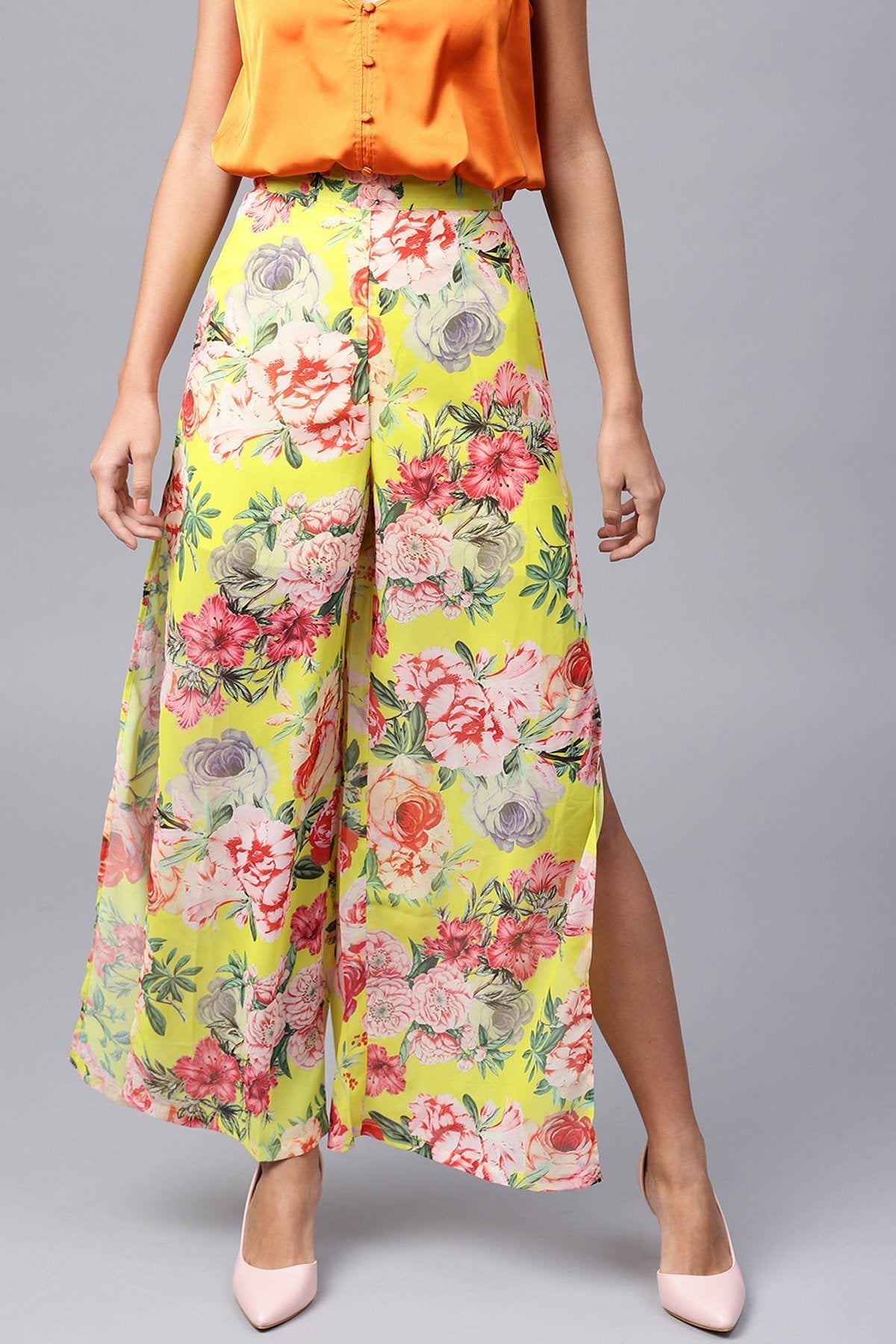 Women's Yellow Tropical Side Slit Pants - SASSAFRAS