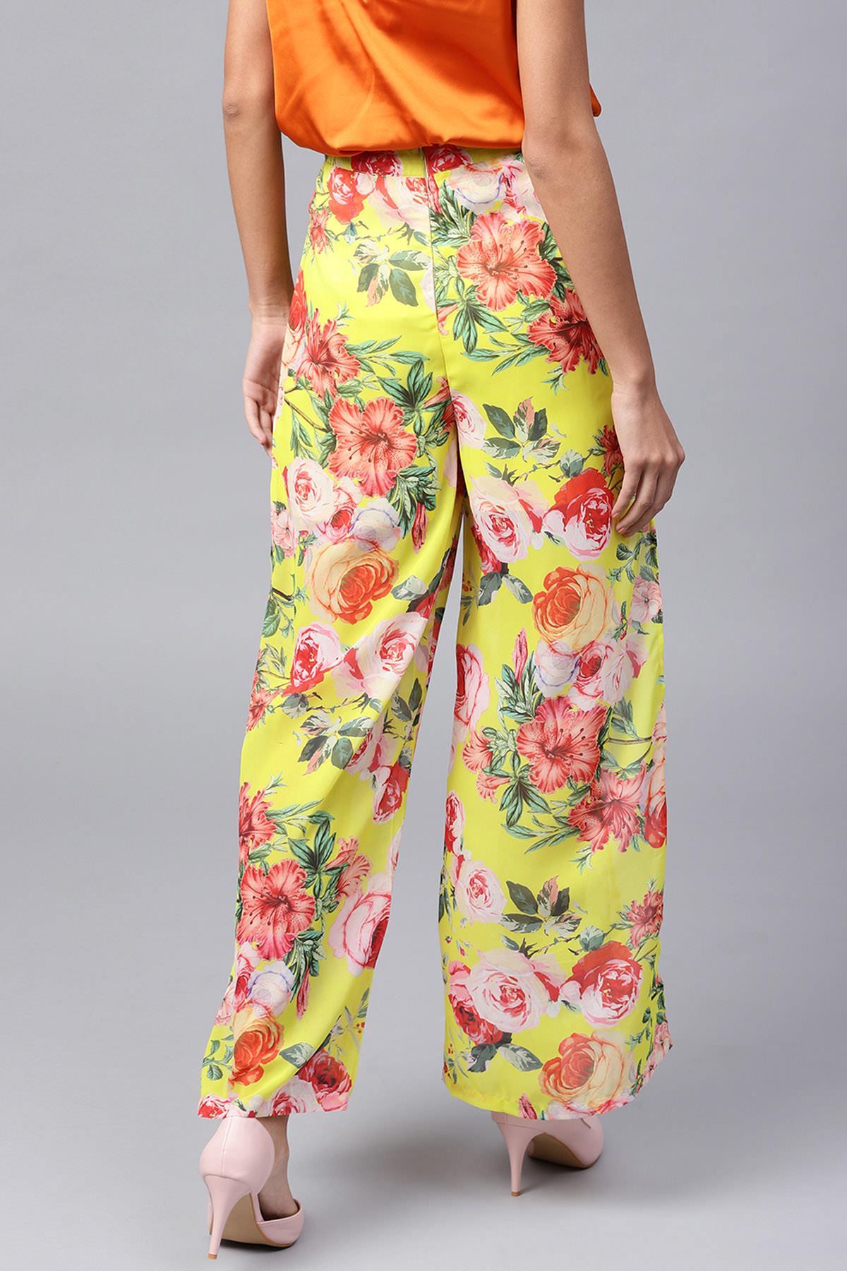 Women's Yellow Tropical Side Slit Pants - SASSAFRAS