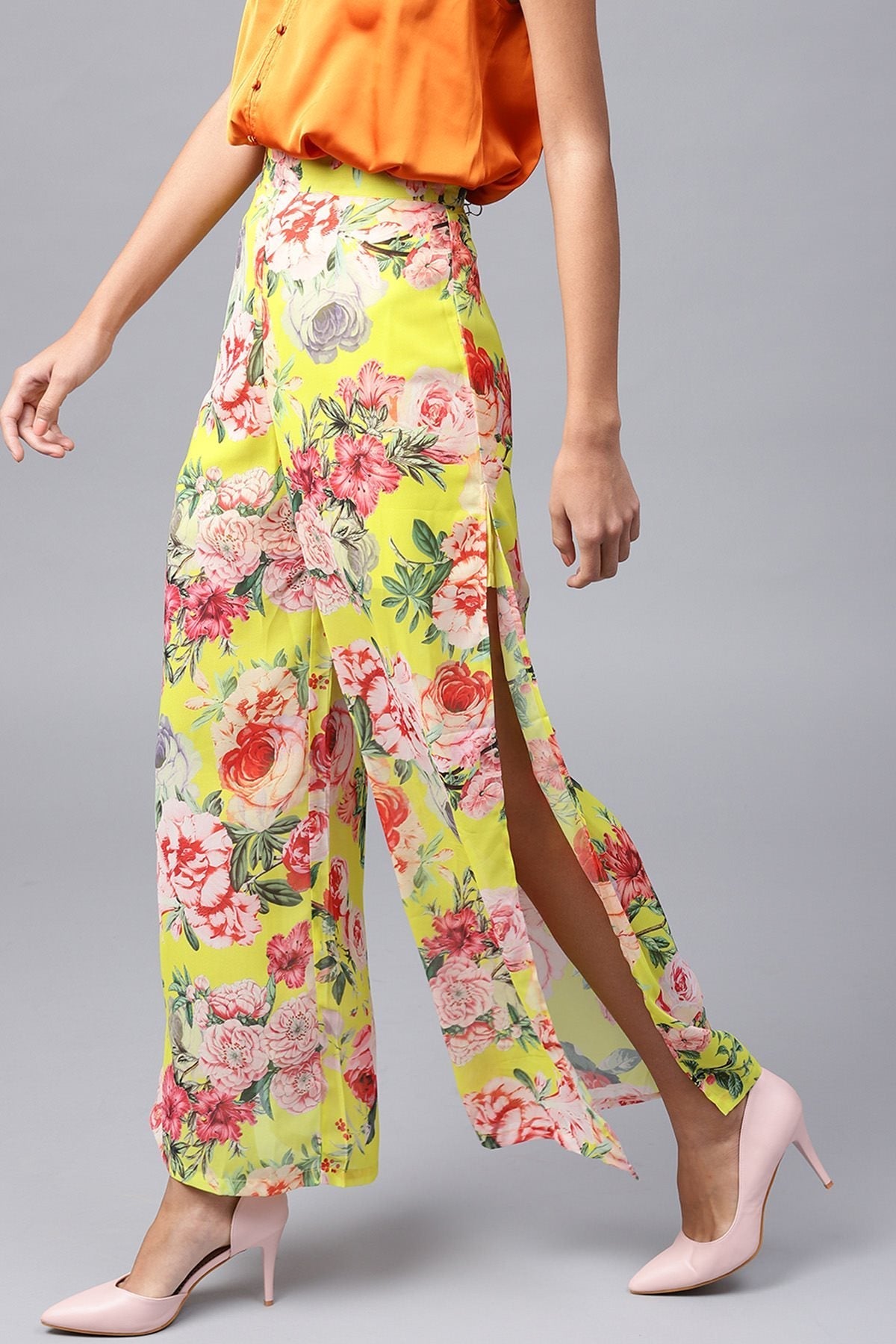 Women's Yellow Tropical Side Slit Pants - SASSAFRAS