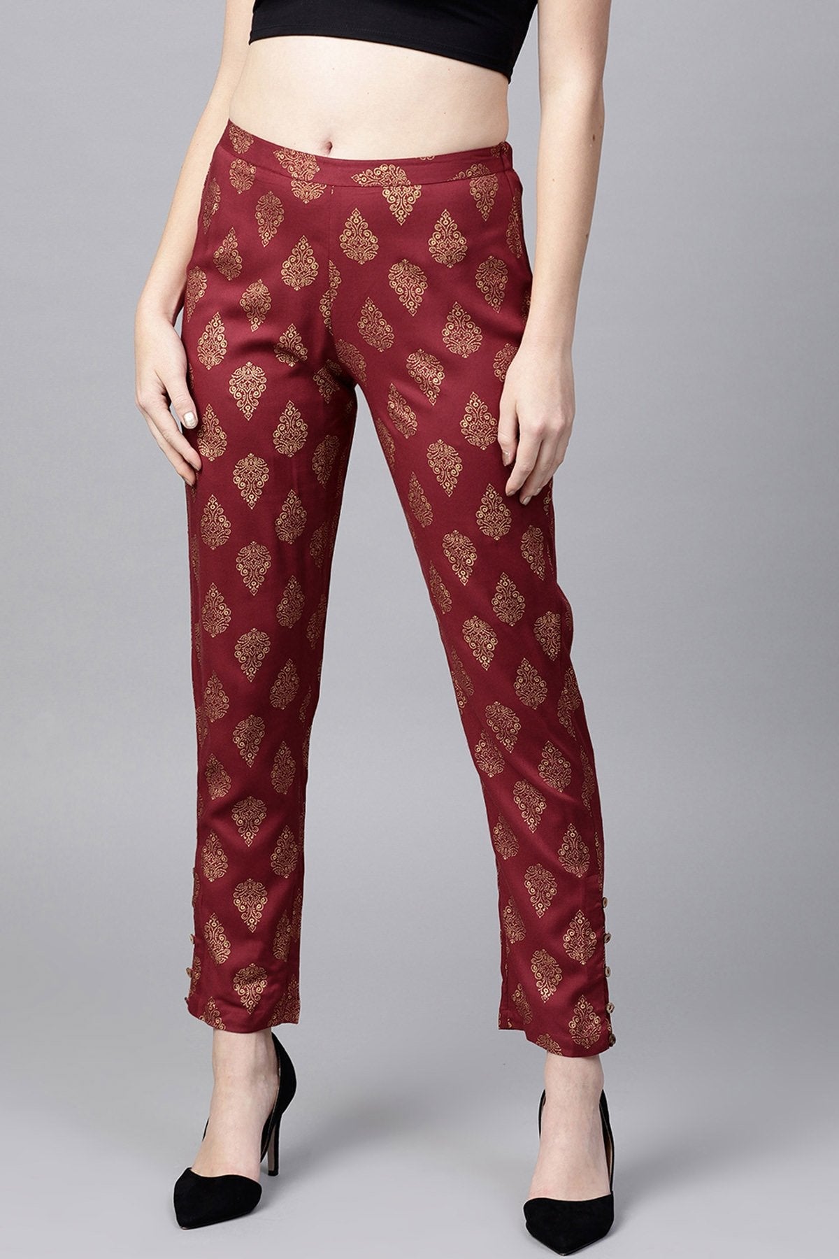 Women's Maroon Foil Print Pencil Pants - SASSAFRAS