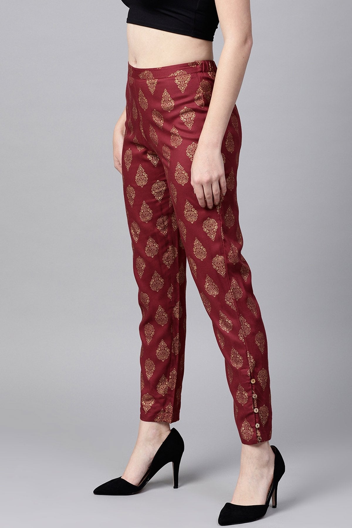 Women's Maroon Foil Print Pencil Pants - SASSAFRAS