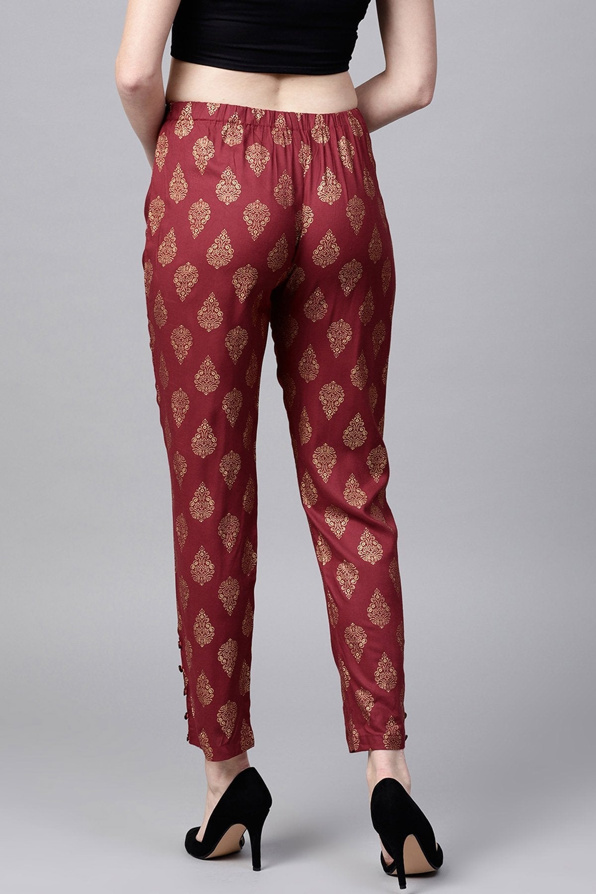 Women's Maroon Foil Print Pencil Pants - SASSAFRAS