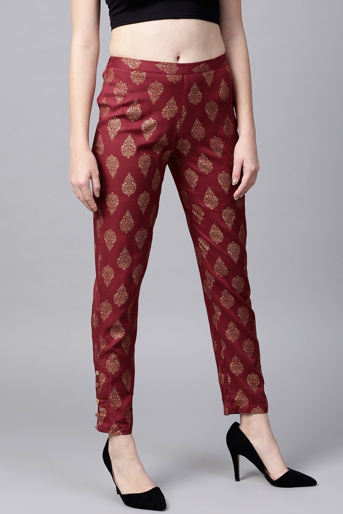 Women's Maroon Foil Print Pencil Pants - SASSAFRAS