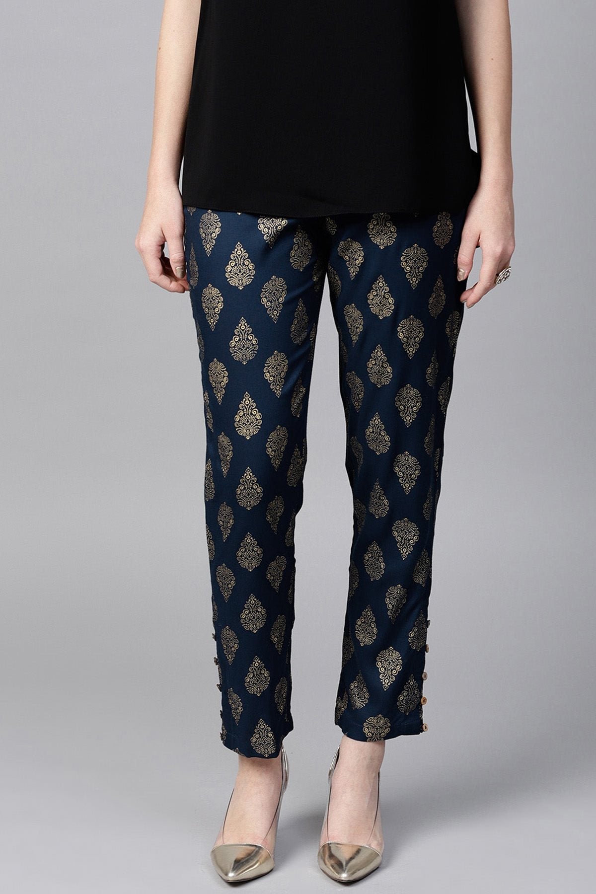 Women's Navy Foil Print Pencil Pants - SASSAFRAS