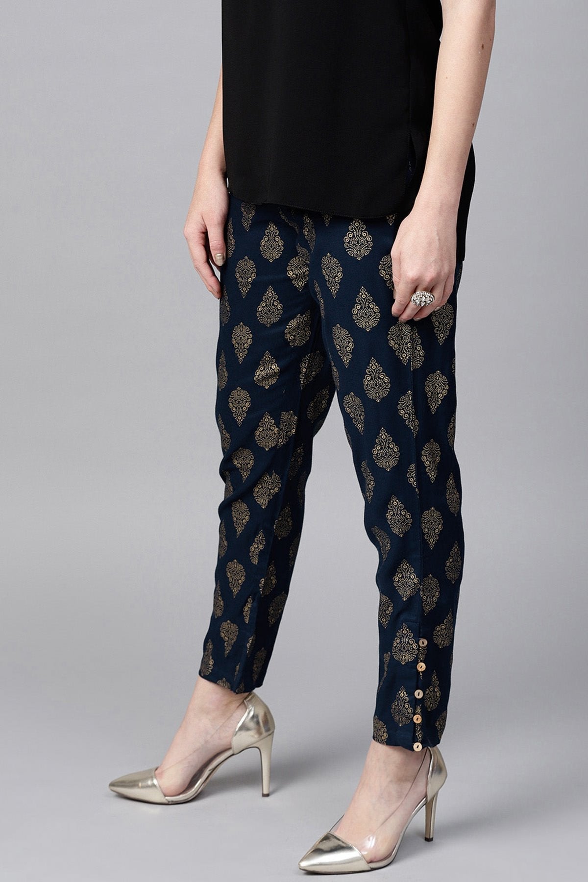 Women's Navy Foil Print Pencil Pants - SASSAFRAS