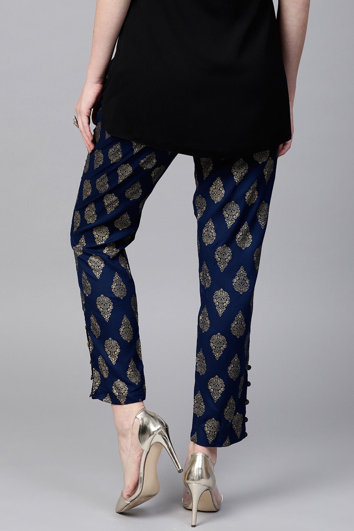 Women's Navy Foil Print Pencil Pants - SASSAFRAS