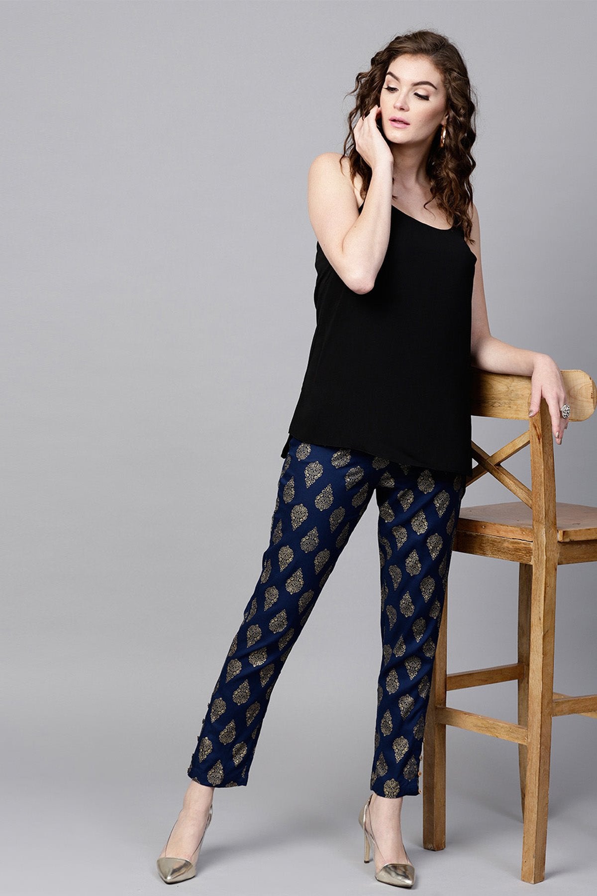 Women's Navy Foil Print Pencil Pants - SASSAFRAS