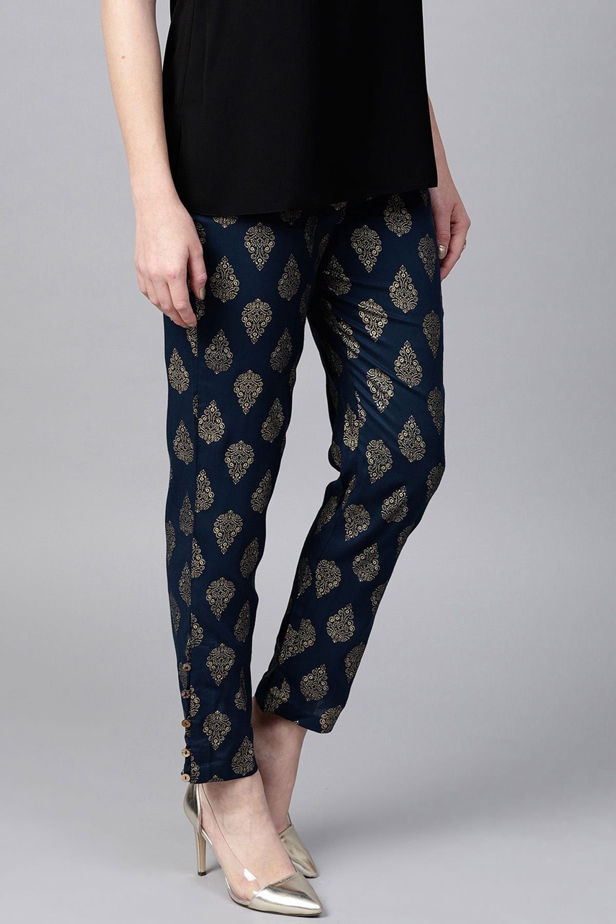 Women's Navy Foil Print Pencil Pants - SASSAFRAS