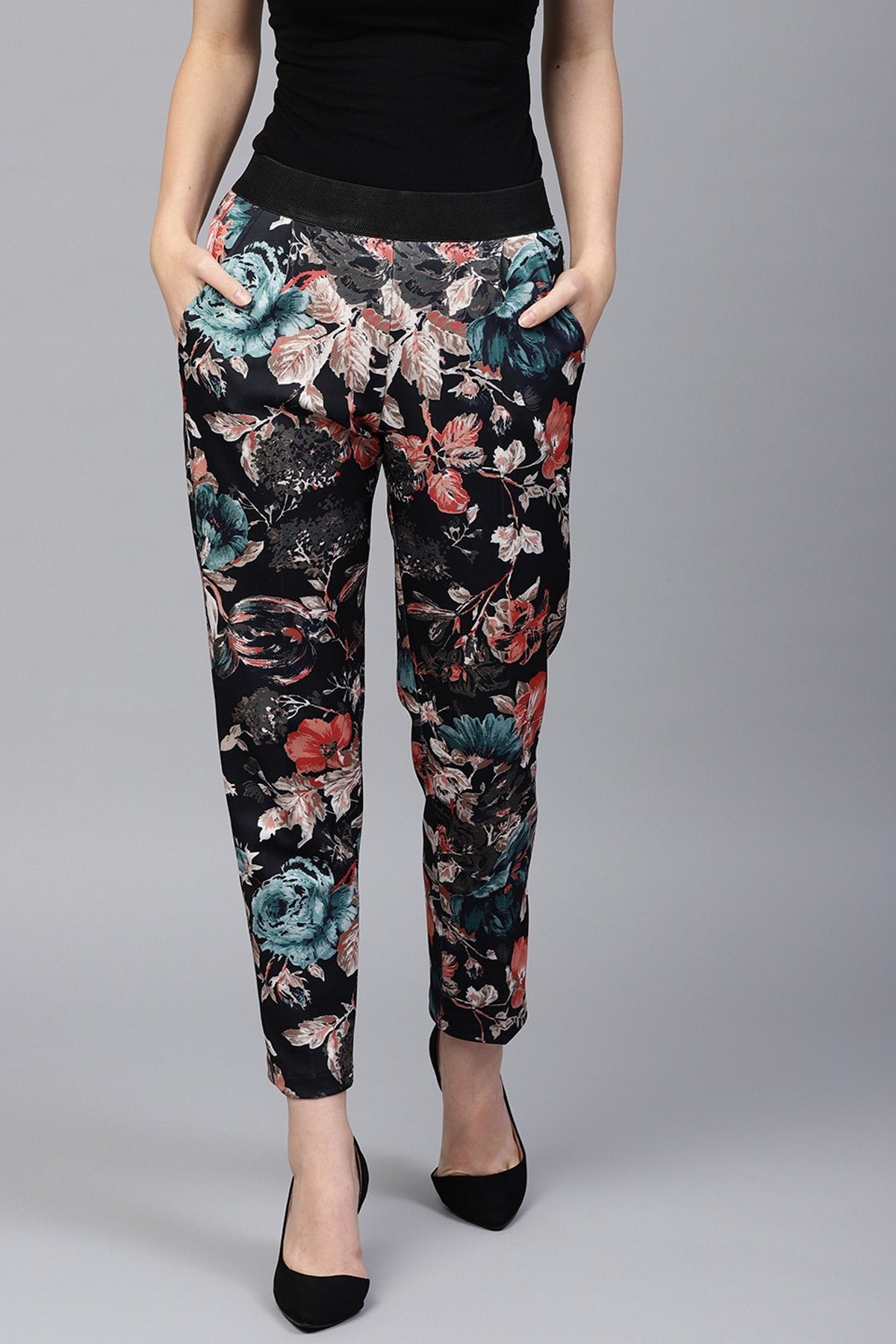 Women's Black Floral Scuba Tailored Pants - SASSAFRAS