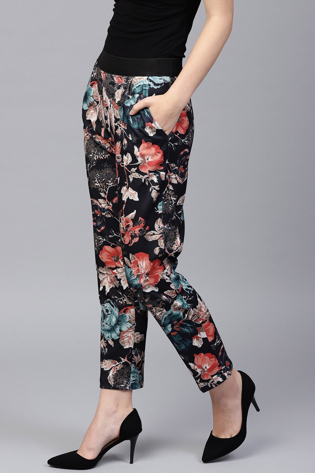 Women's Black Floral Scuba Tailored Pants - SASSAFRAS