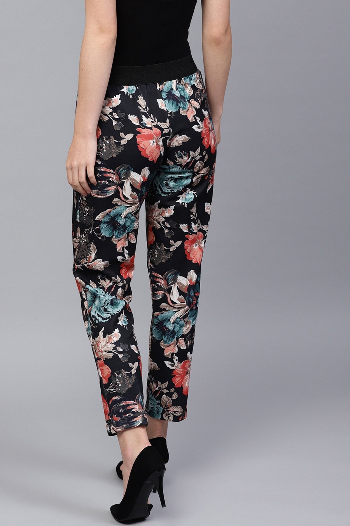 Women's Black Floral Scuba Tailored Pants - SASSAFRAS