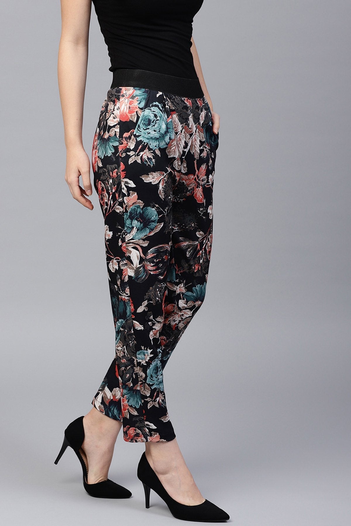 Women's Black Floral Scuba Tailored Pants - SASSAFRAS