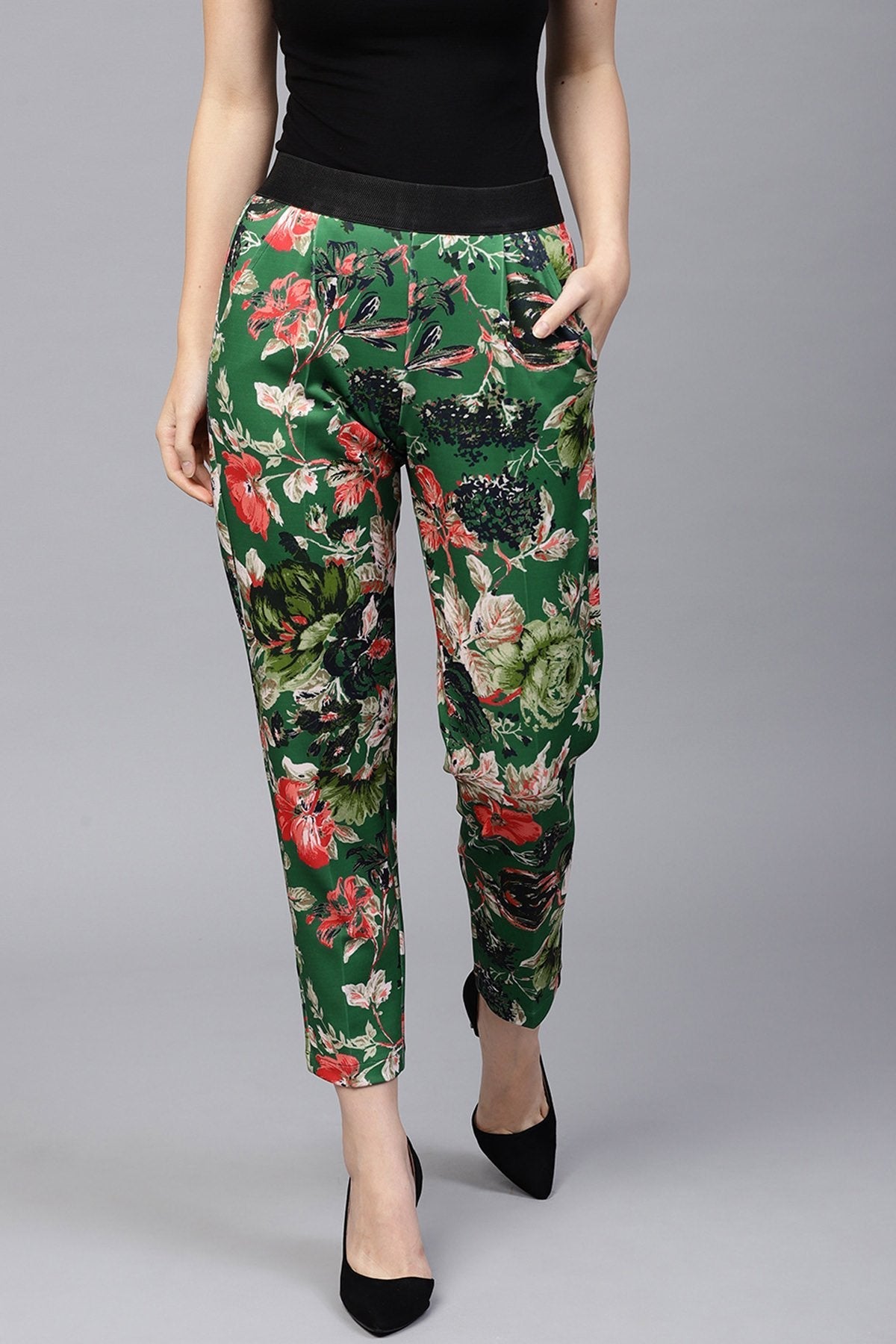 Women's Green Floral Scuba Tailored Pants - SASSAFRAS